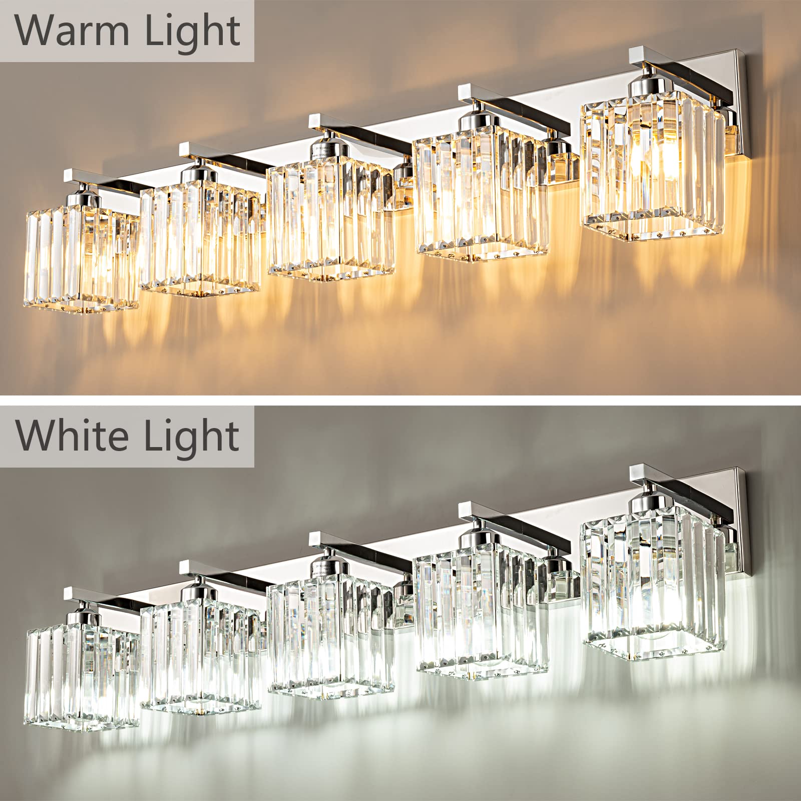 Fdpby Modern Bathroom Vanity Light 5-Lights Modern Chrome Crystal Bathroom Wall Light Bathroom Vanity Light Fixtures