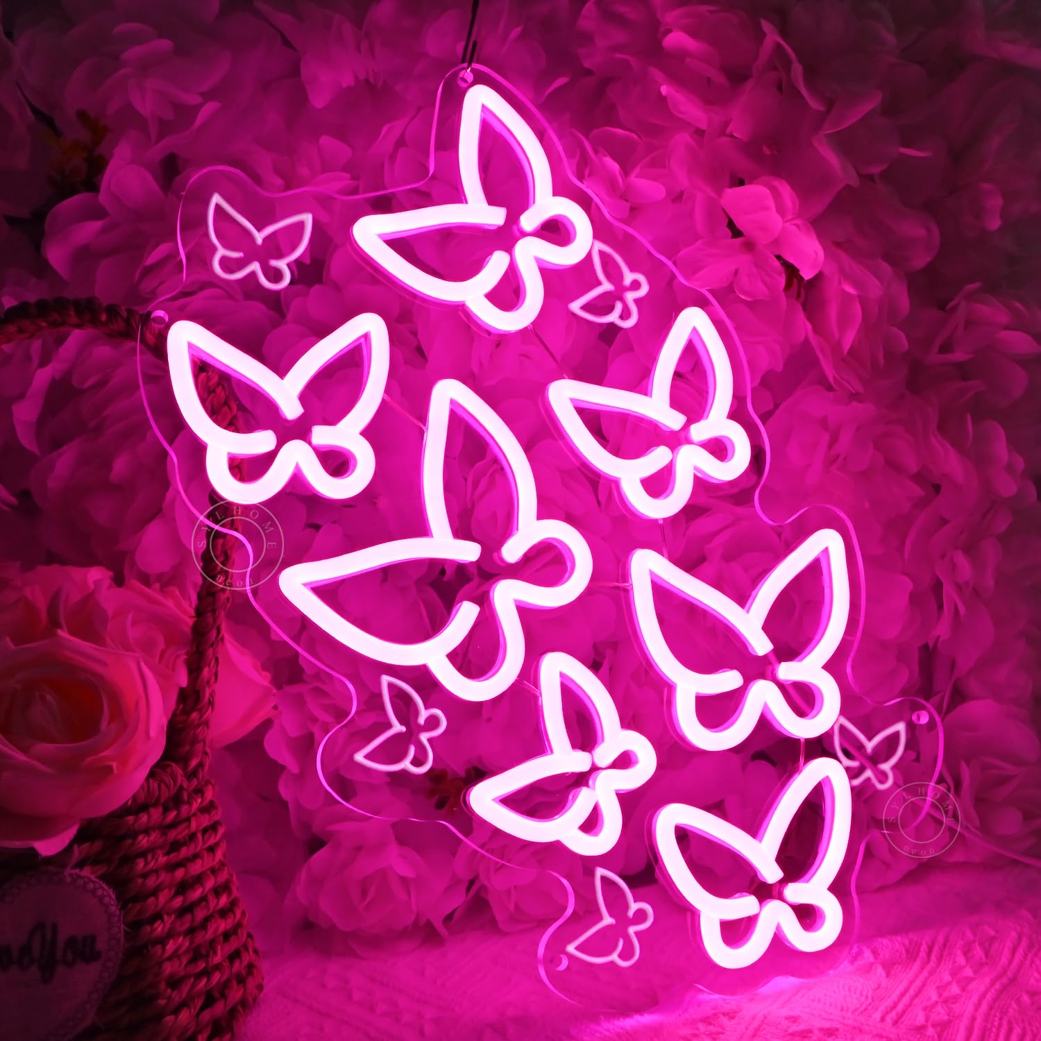 SYLHOME Pink Butterfly LED Neon Light Sign for Bedroom, Kids Room, 15.75in X 10.1in Decorative Wall Art, USB Powered