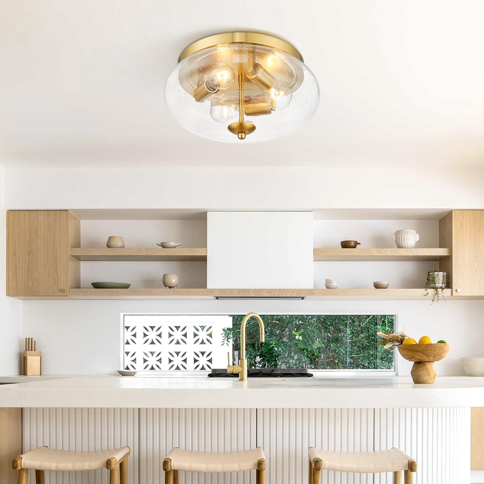 Darkaway Ceiling Light Fixture, 3-Light Flush Mount, Seeded Glass Shade, 13.38in Size, Gold Finish, Model 6T1F, Indoor/Outdoor Use