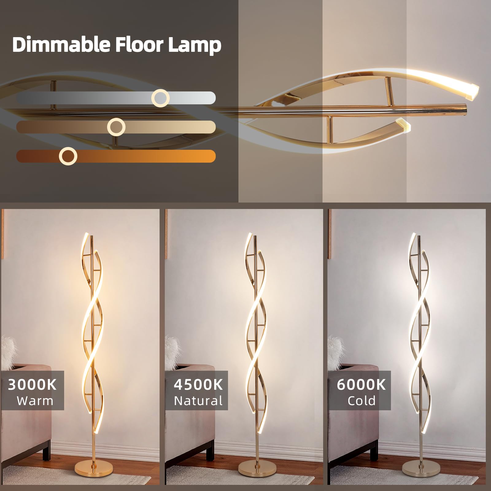 EIDEARAY LED Modern Floor Lamp, 40W Dimmable, Color-Changing, 60" Spiral Design, Gold, Model LDD-G1