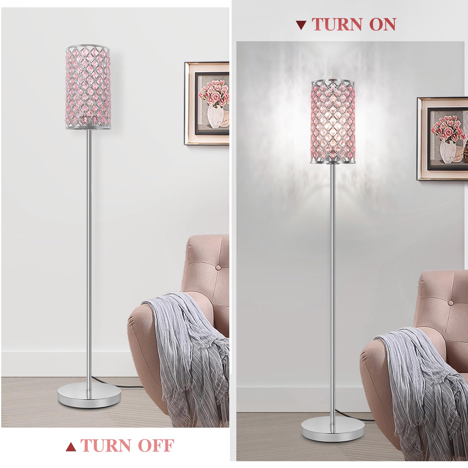Crystal Floor Lamp For Bedroom, Silver Floor Lamp With Pink Shade, Girls Floor Lamp With On/Off Foot Switch, Elegant Standing Li