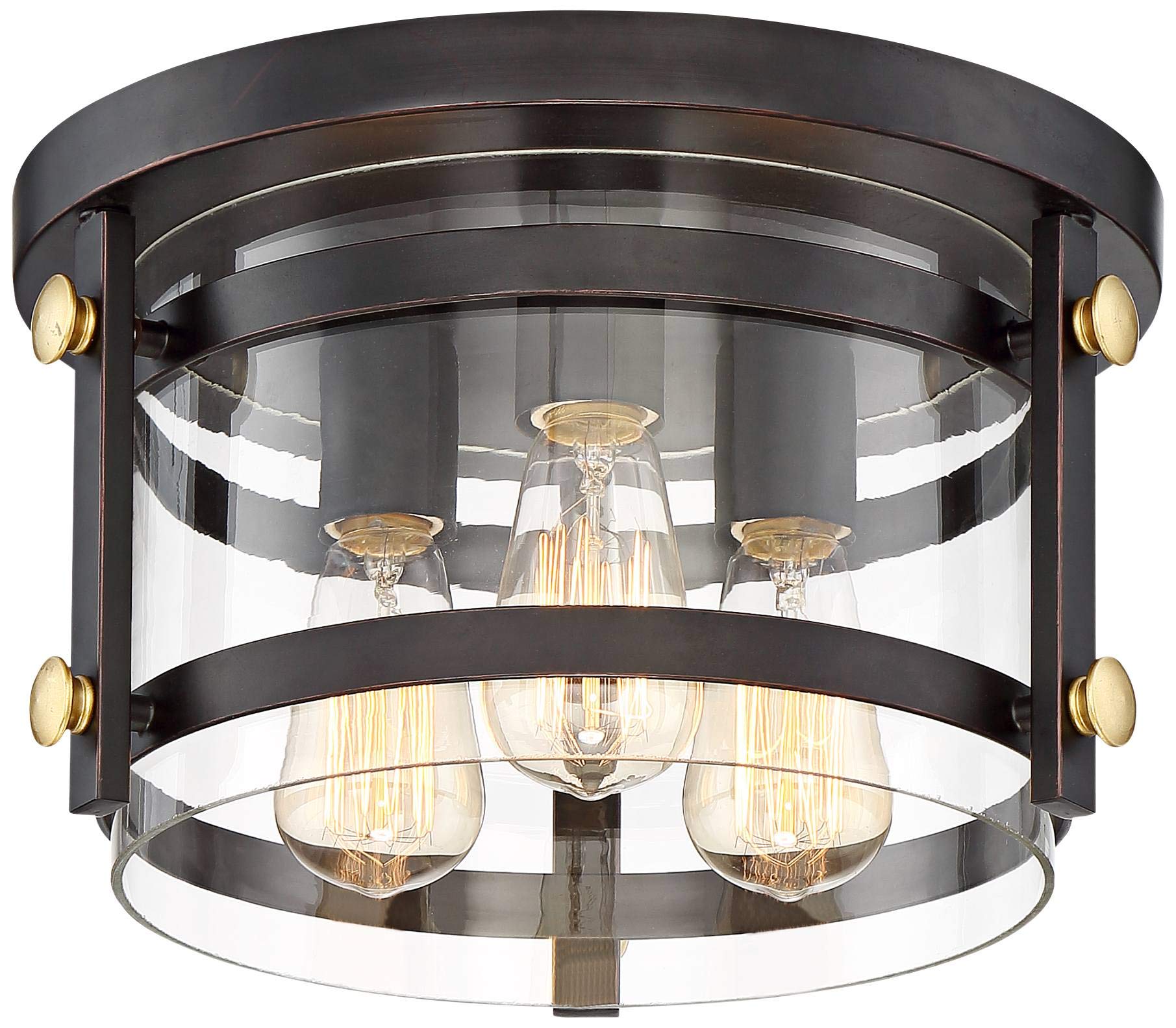 Franklin Iron Works Ceiling Light 3-Light Flush-Mount Fixture 13.5in Oil-Rubbed Bronze Gold Clear Glass Shade Model 35F49