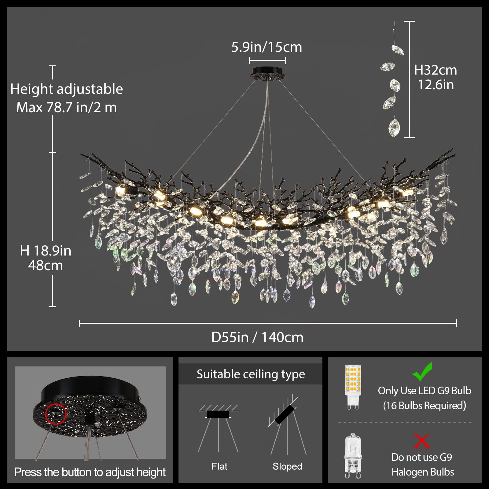 Kvtinmty Modern Black Rectangle Crystal Tree Branch Chandelier, 55'' 16-Light K9 Crystal Chandeliers For Dining Room, Rectangula