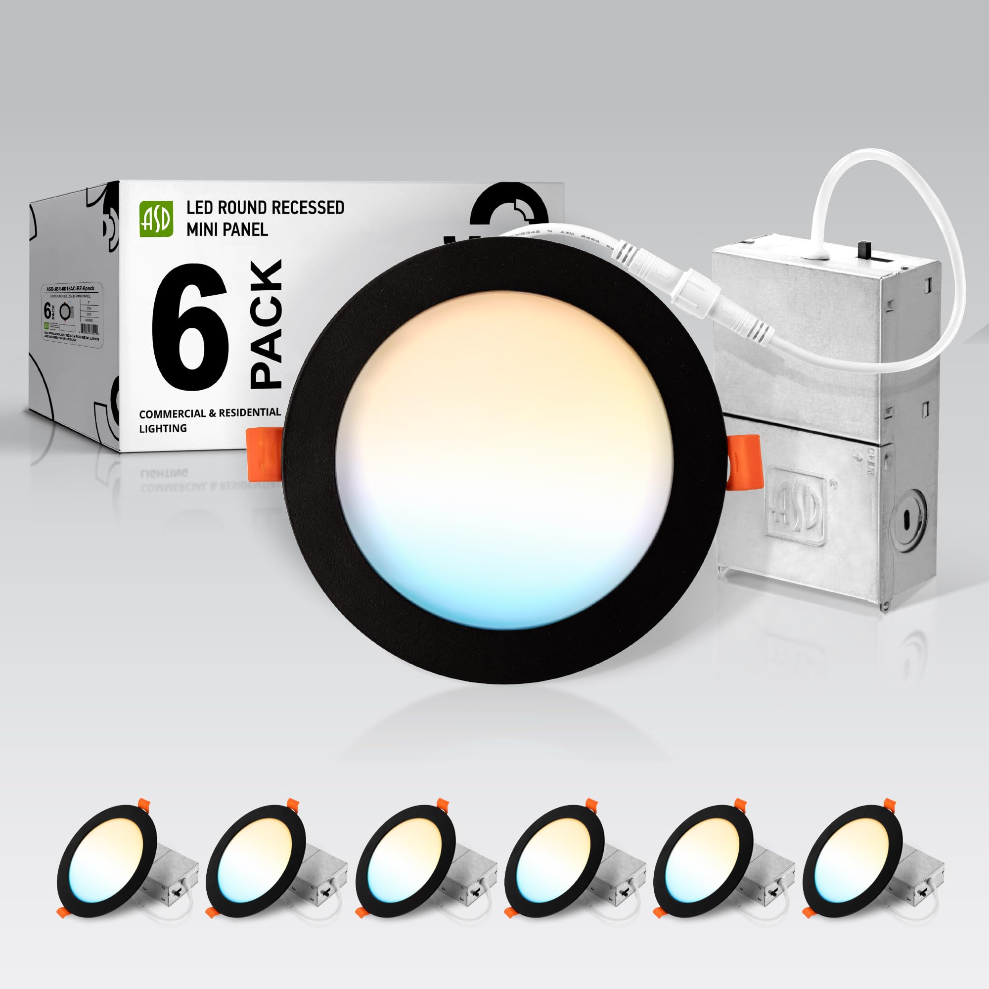 ASD 6 Pack LED Recessed Lighting 6 Inch 15W  5 CCT 2700K-5000K CRI90+  IC Rated Ultra Thin Dimmable Ceiling Lights with J Box  Canless Wafer Downlight  Round Slim Panel Light  UL Energy Star  Black