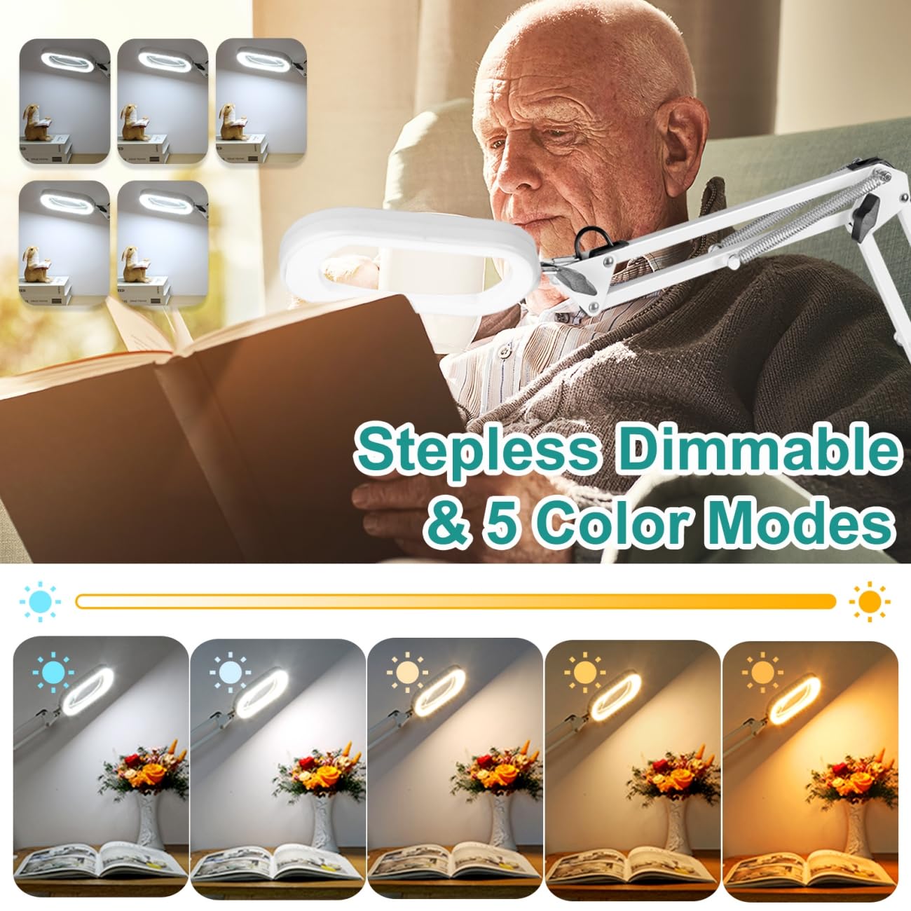 IVMAIE 10X Magnifying Glass with Light, Stepless Dimmable, Clamp Desk Lamp, Metal, White, Model JZ602