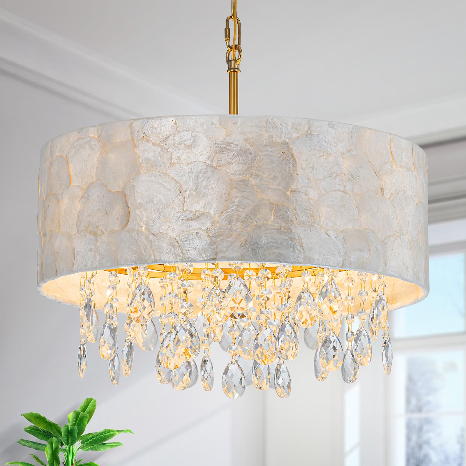 LumFurn 3-Lights Chandelier, Capiz Shell & Gold Finish, Adjustable Height D12 x H19~49in, Coastal Design for Dining Room, Living Room, Bedroom