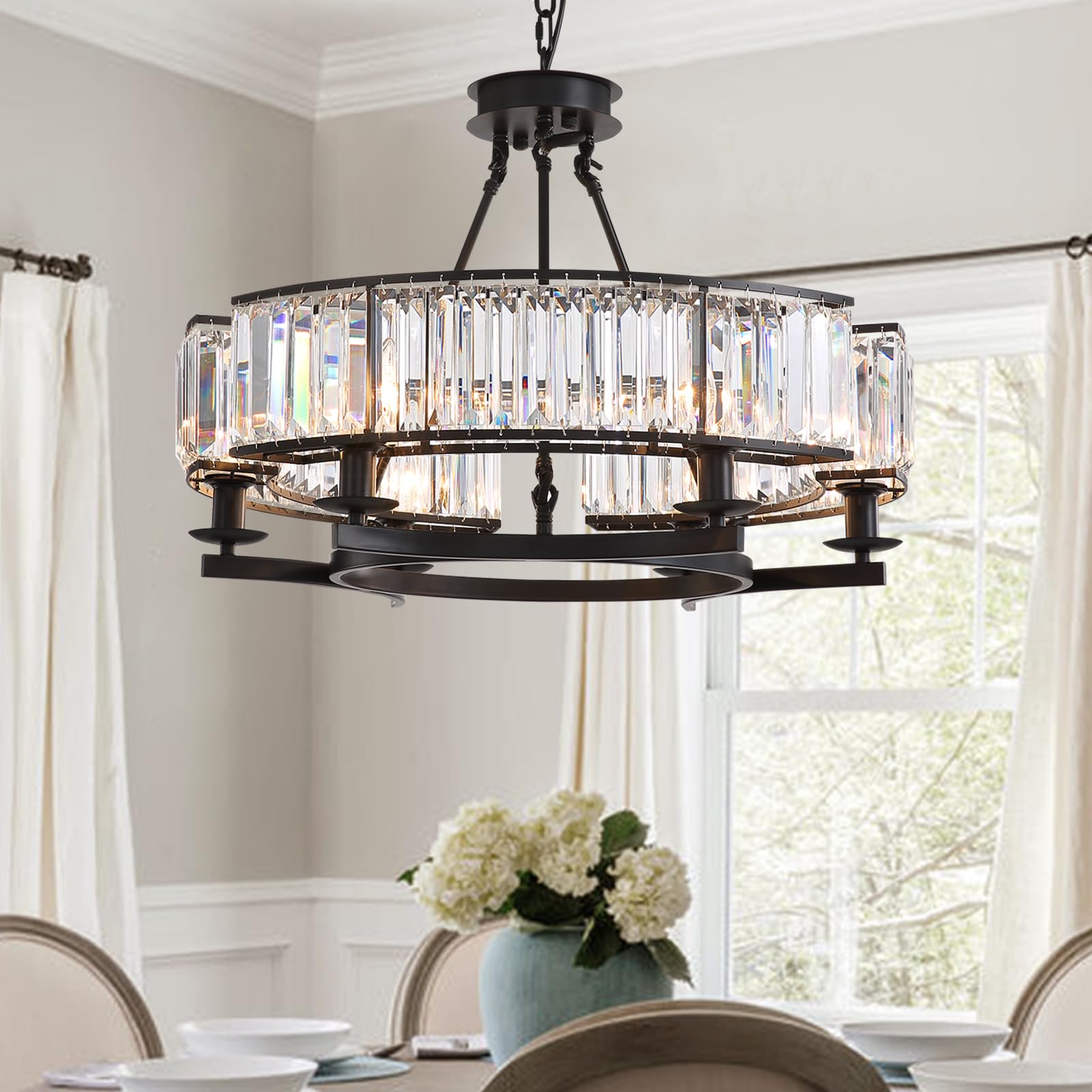NOXARTE Round Crystal Chandelier 6 Lights Hanging Chandelier Pendant Light Ceiling Fixture Black Iron Frame for Dining Room Livi