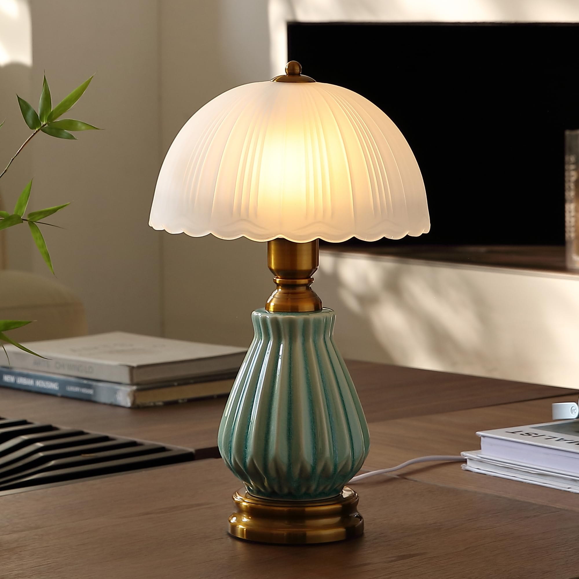 Glivpny Vintage Table Lamp for Living Room,16 Mid Century Modern Ceramic Lamps for Bedroom,Retro Bedside Nightstand Mushroom Gla
