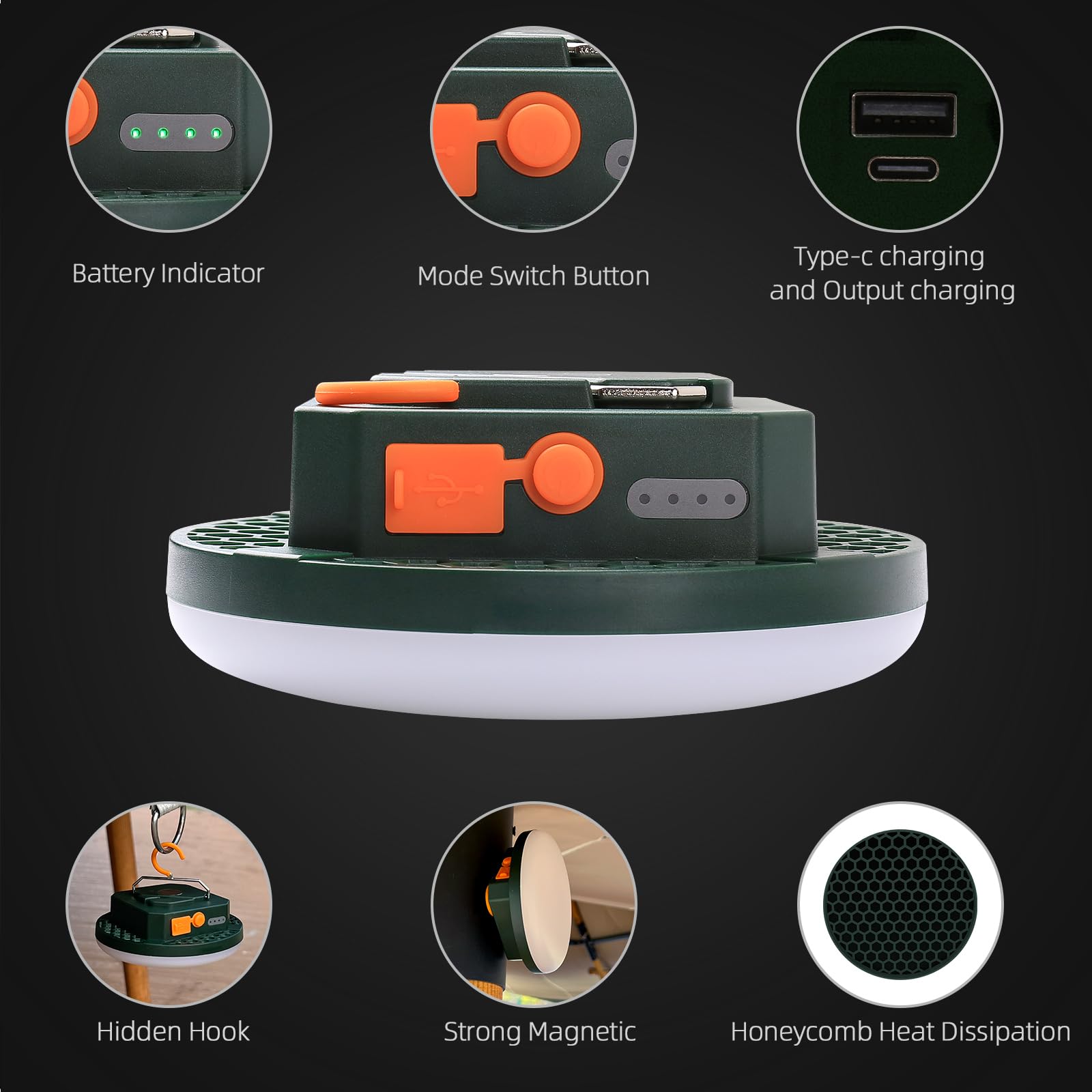 Trliradyn 10000mAh Tent Light - 4000LM LED Lantern, IPX5 Waterproof, 30W, Green, CLI-F03-WH-GE, 3 Lighting