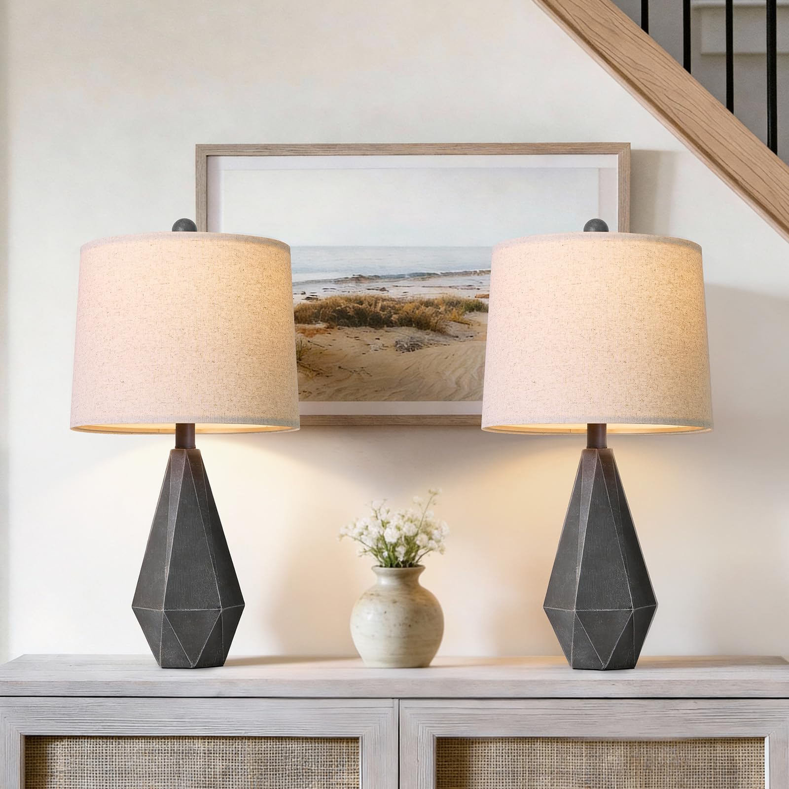 PoKat 23.5 Farmhouse Table Lamps Set of 2  Rustic Nightstand Lamps for Bedroom  Classic Bedside Lamps for Living Room Office Sideboard with Linen Shade Distressed (Deep Grey)