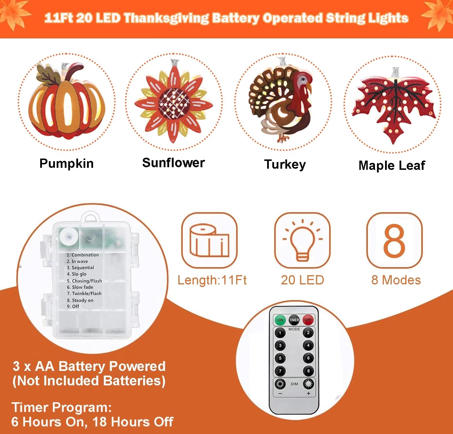 HUGSVIK 20 LED Maple Leaf Pumpkin Turkey Thanksgiving Lights, Battery Operated Thanksgiving Decorations Fall Lights for Home Aut