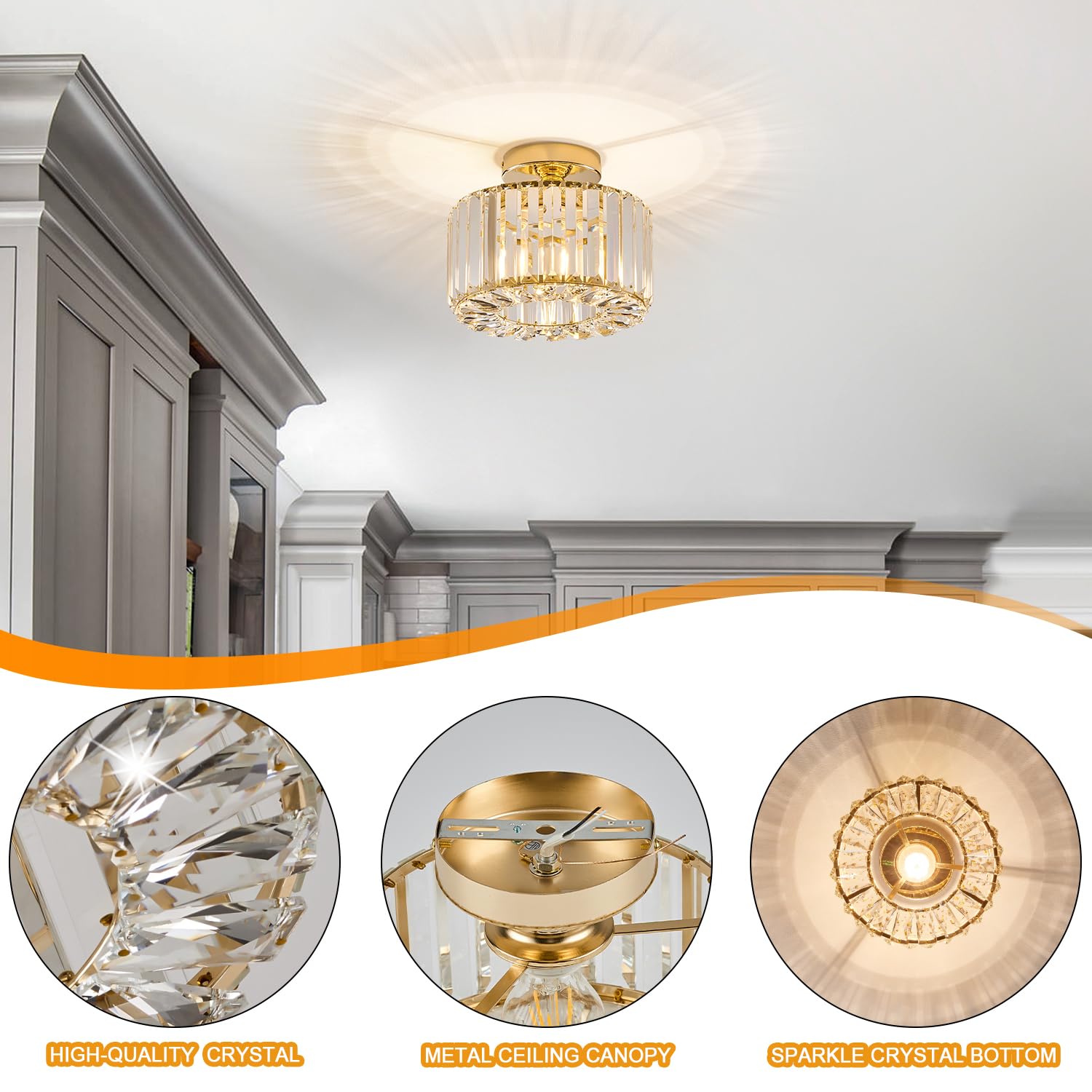 Buxvrcs Crystal Ceiling Light Fixture - Semi Flush Mount Chandelier, Gold, Medium, Model Sjd-12B, Perfect For Kitchen, Bedroom, Bathroom