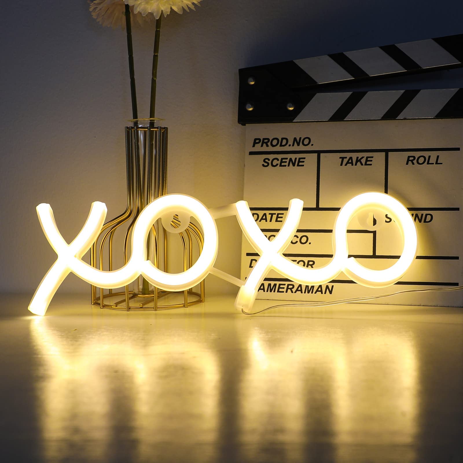 ENUOLI Neon Light Sign, LED Wall Decor, Warm White, 11x3 inches, USB/Battery Powered, Model zNH.NH.G055WW+GG, XOXO-White