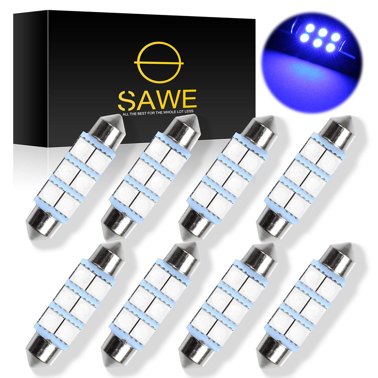 SAWE 6-SMD 5050 Festoon LED Bulbs for Dome Map Light, 42mm, Blue, Pack of 8
