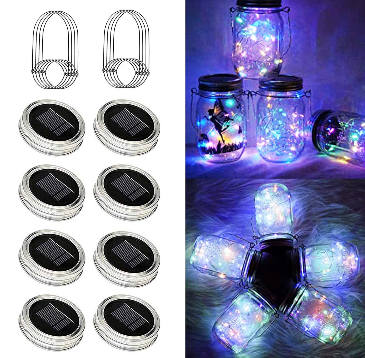 yeuago 8 Pack Solar Outdoor Fairy Star Firefly Jar Lids Lights,Solar Fairy String Lids Lights(No Jars),Waterproof Lantern Mason 