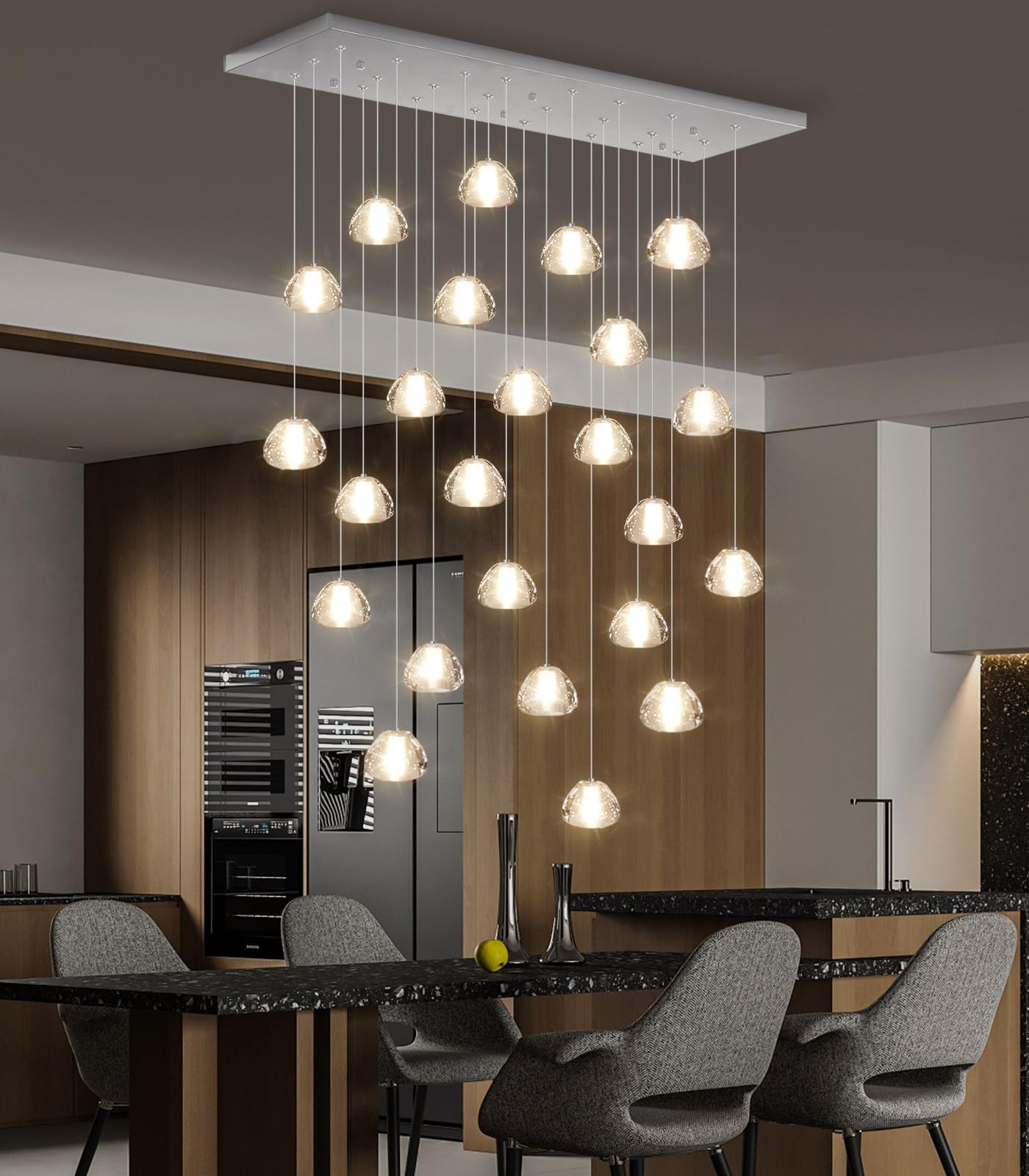 dolria 24-Lights Rectangular Crystal Chandelier, LED Pendant Light, Silver, Model PC0010-24Y, Ideal for Living Room, Hallway, Bedroom