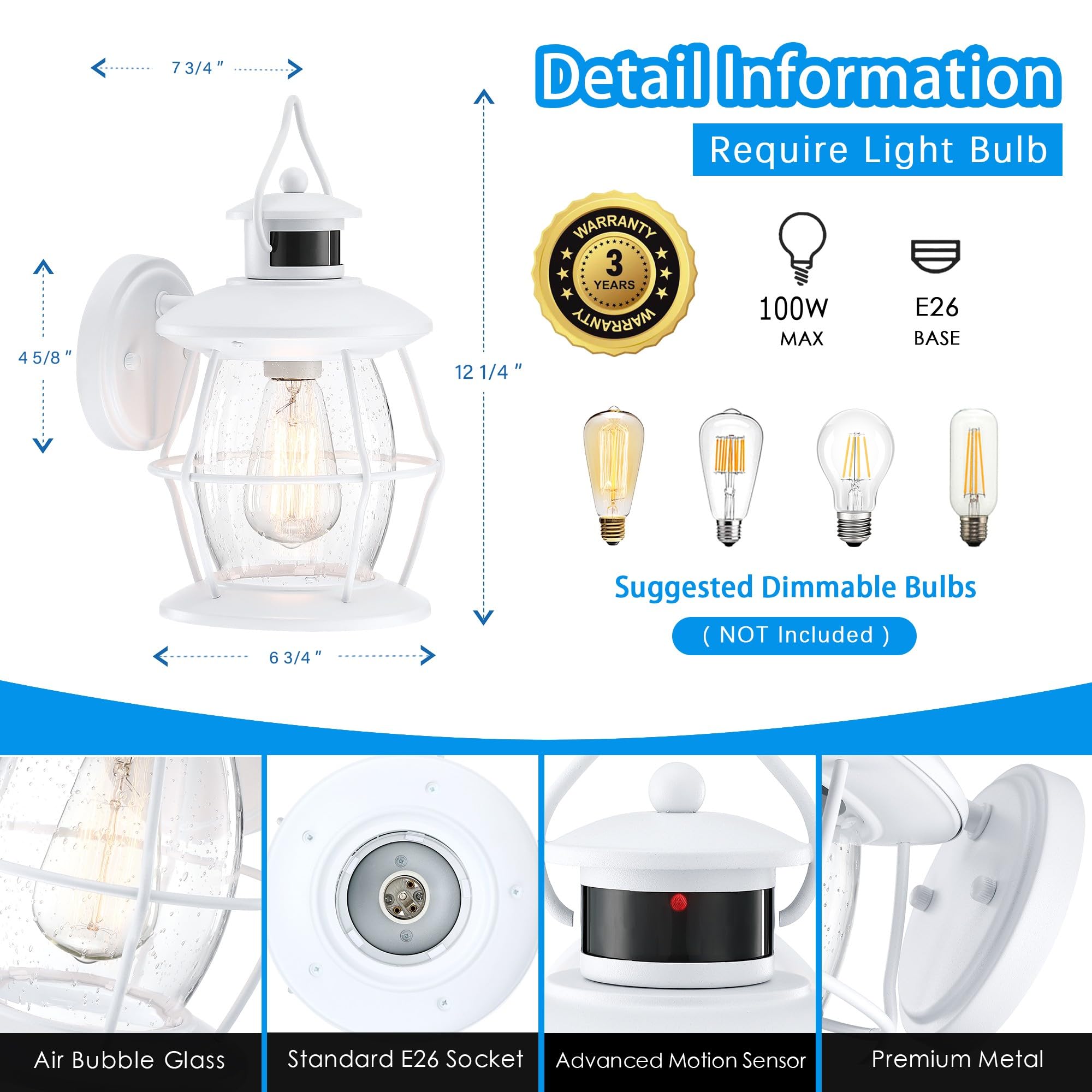 Mrsconce Motion Sensor Outdoor Lights, Upgrade Dusk To Dawn Wall Sconce Lantern, Exterior Light Fixtures Outside Lights For House Front Porch Garage Patio(White)