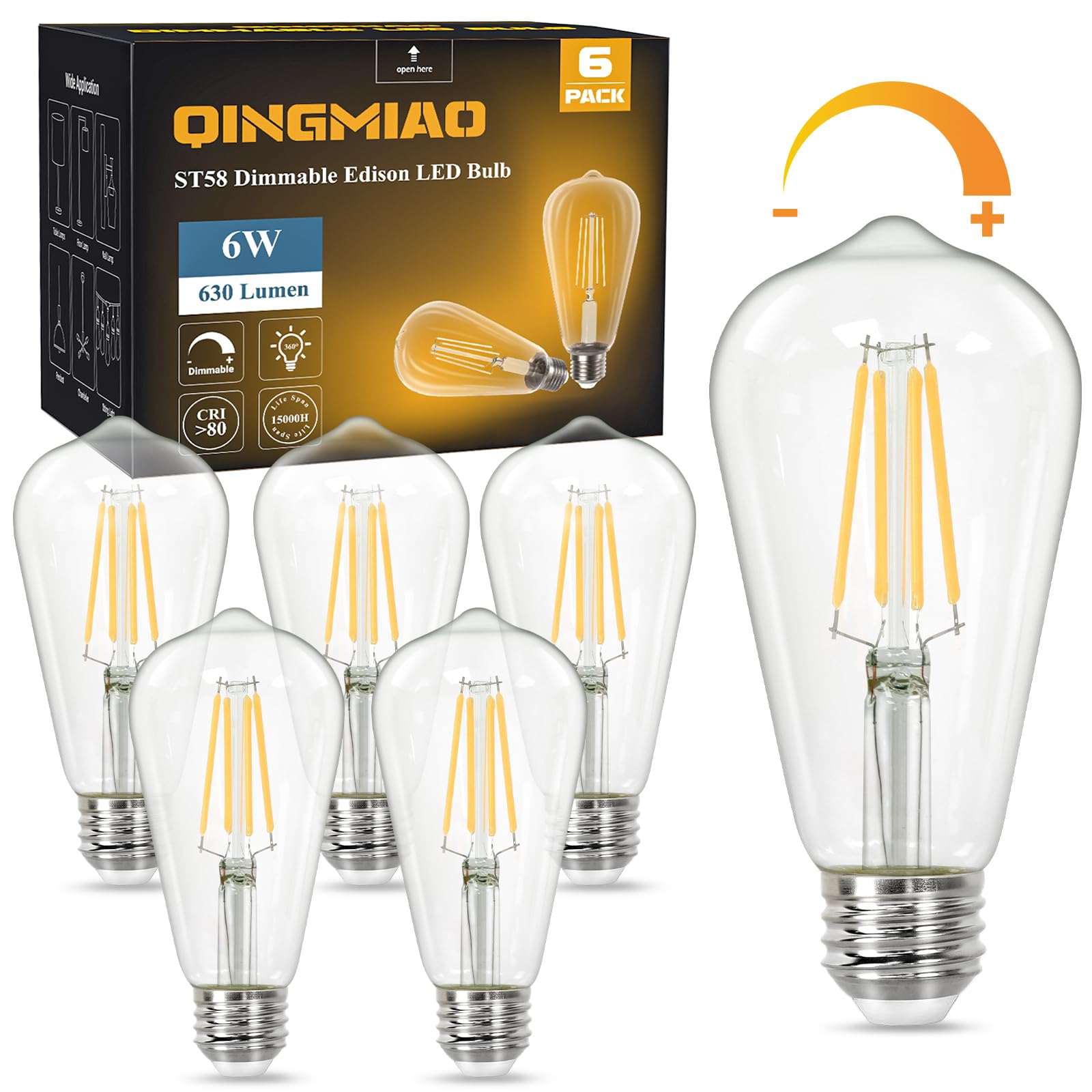 Qingmiao Vintage Led Edison Bulbs, St58 Dimmable 6W E26 Led Bulb 60W Equivalent, 3000K Soft White Led Light Bulbs, Antique Led F