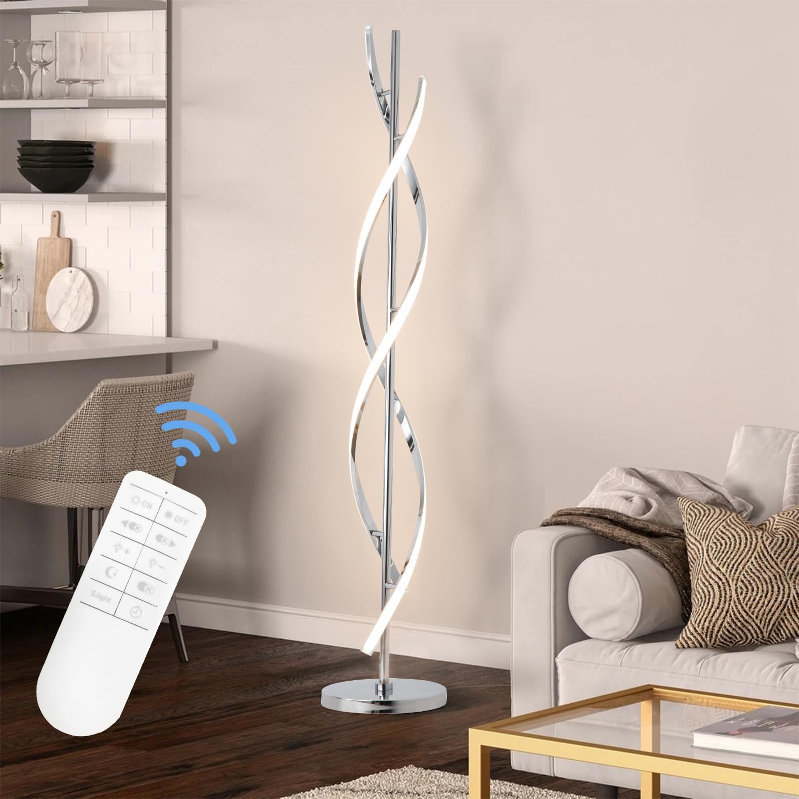ADISUN 40W LED Floor Lamp with Remote Control, Dimmable, Spiral Design, Indoor Use, Silver