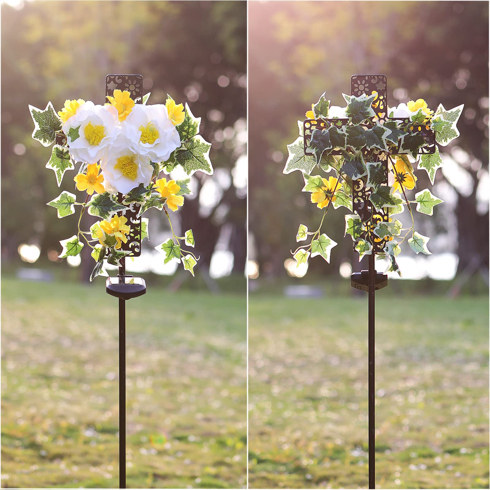 Starryfill Solar Cross Stake Lights With 3 Flowers - Decorative Led For Outdoor Remembrance