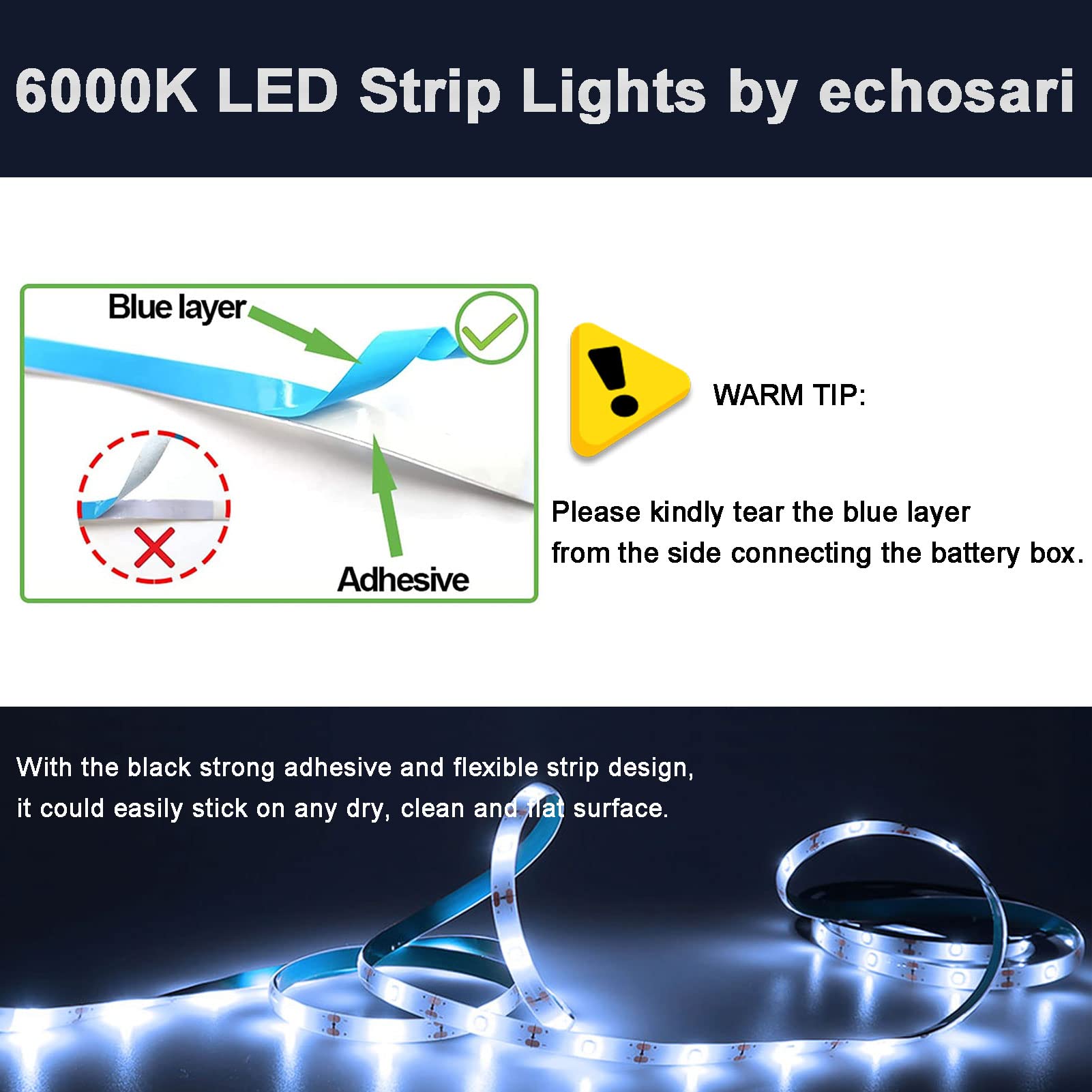 echosari Battery Operated LED Strip Lights, 3m, 90 LEDs, Cool White, Dimmable, Remote, 8 Modes, Self-Adhesive, Cuttable