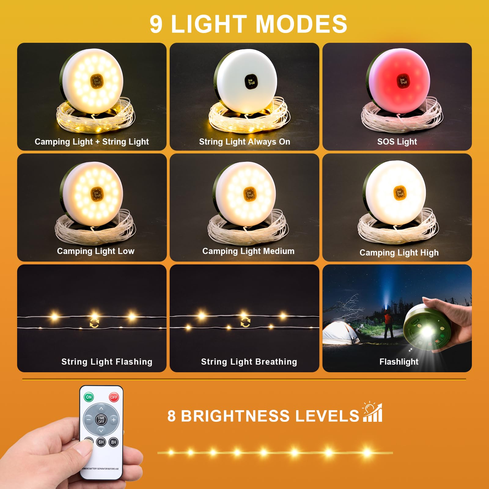 InkTrail Camping String Lights 33FT Rechargeable LED Lamp, 9 Lighting Modes, Waterproof, Green, Model CSL000