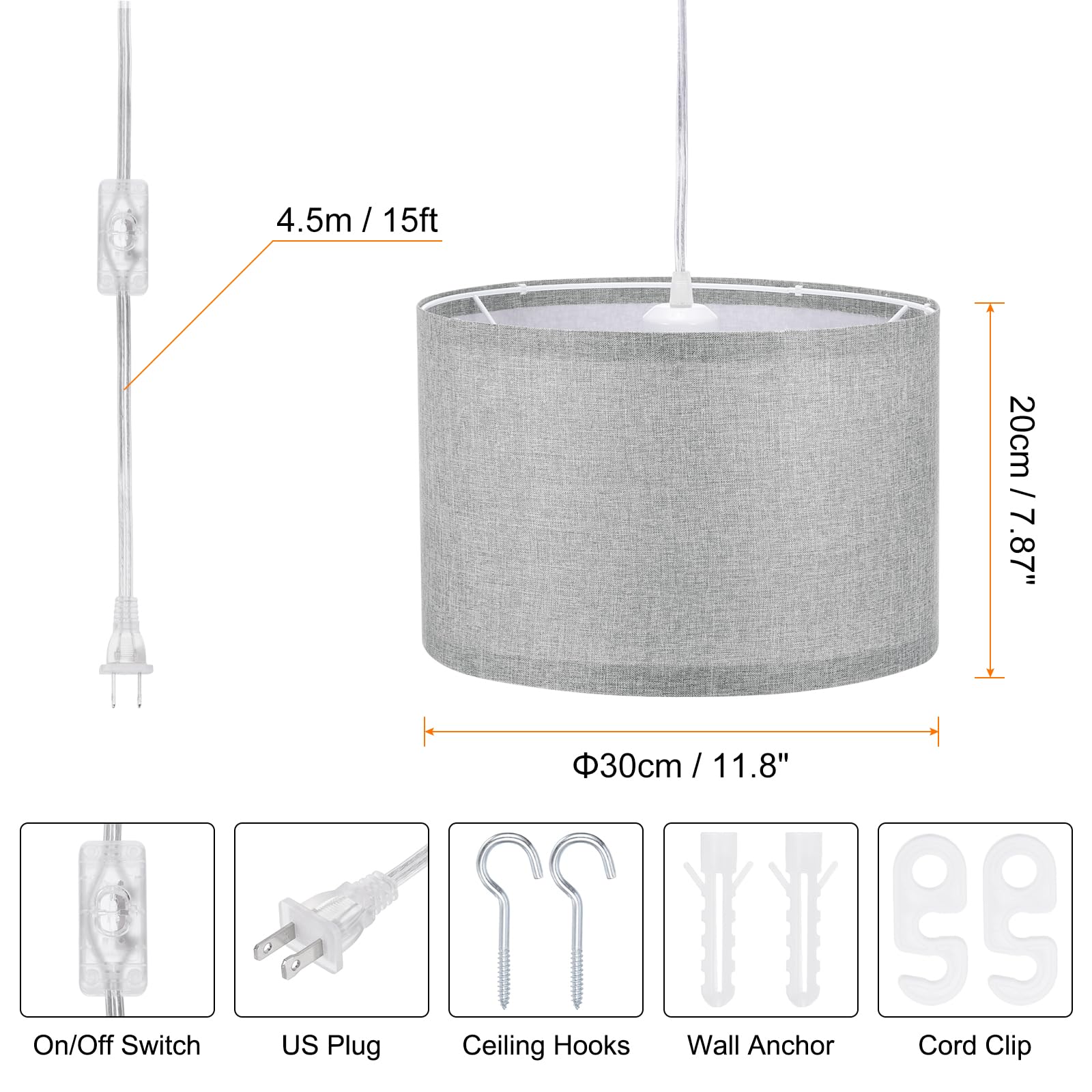 Patikil Plug In Pendant Light, 15Ft Rope Cord Hanging Lamp Fixture With On/Off Switch, Fabric Shade E26/E27 Bulb Socket For Bedroom Kitchen Living Room, Dark Gray