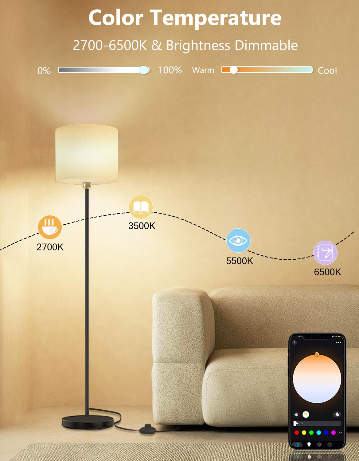 Yhw Smart Floor Lamp - White Linen Shade, Led, Color Changing, Alexa & Google Compatible