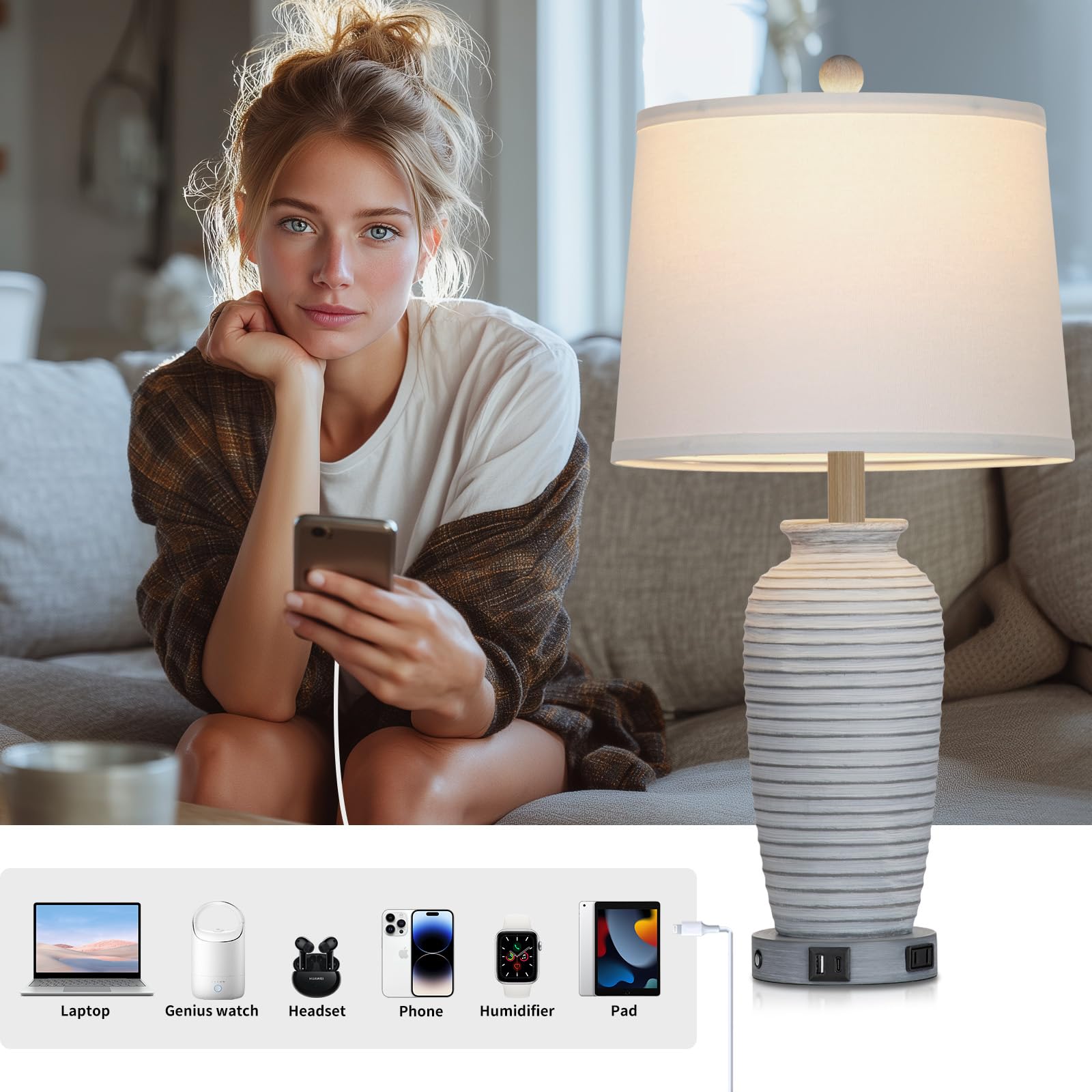 CINSARY 25in Vintage Farmhouse Jar Table Lamp with USB Ports & AC Outlet, Grey White, Resin, Model TD-CS-315-1PK