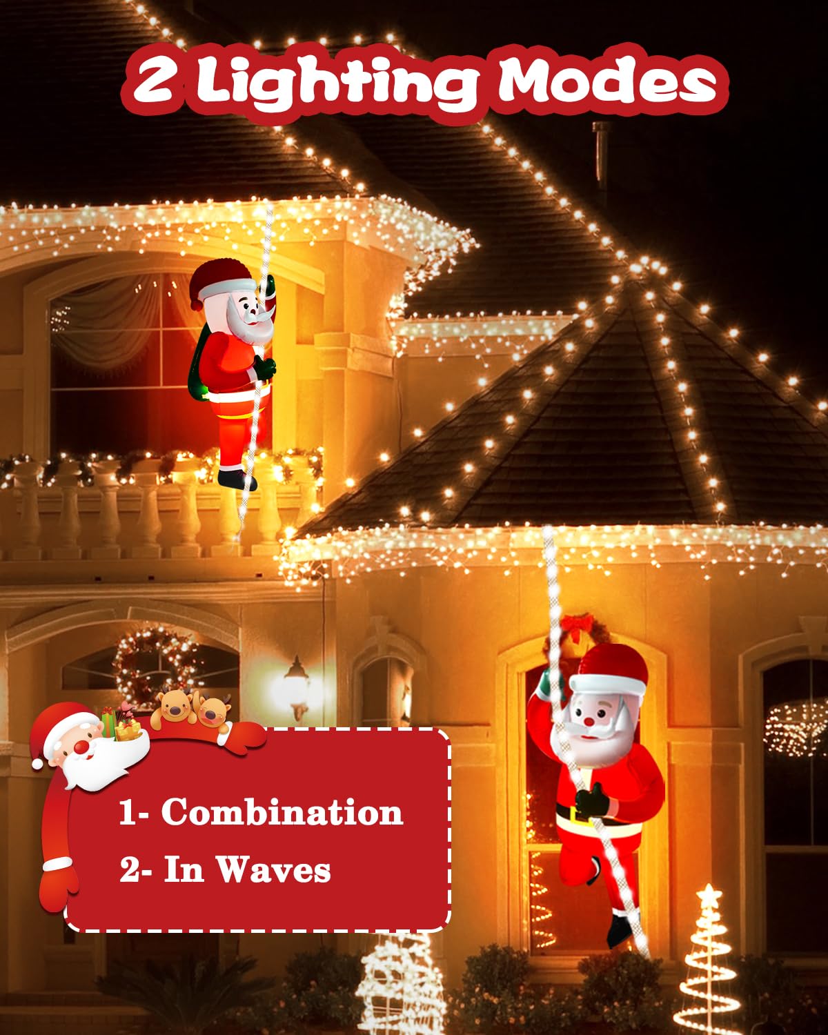 Baung 9.8ft LED Christmas Inflatables with 2.7ft Santa Claus - Outdoor Xmas String Lights for Home, Garden, and Indoor Decor