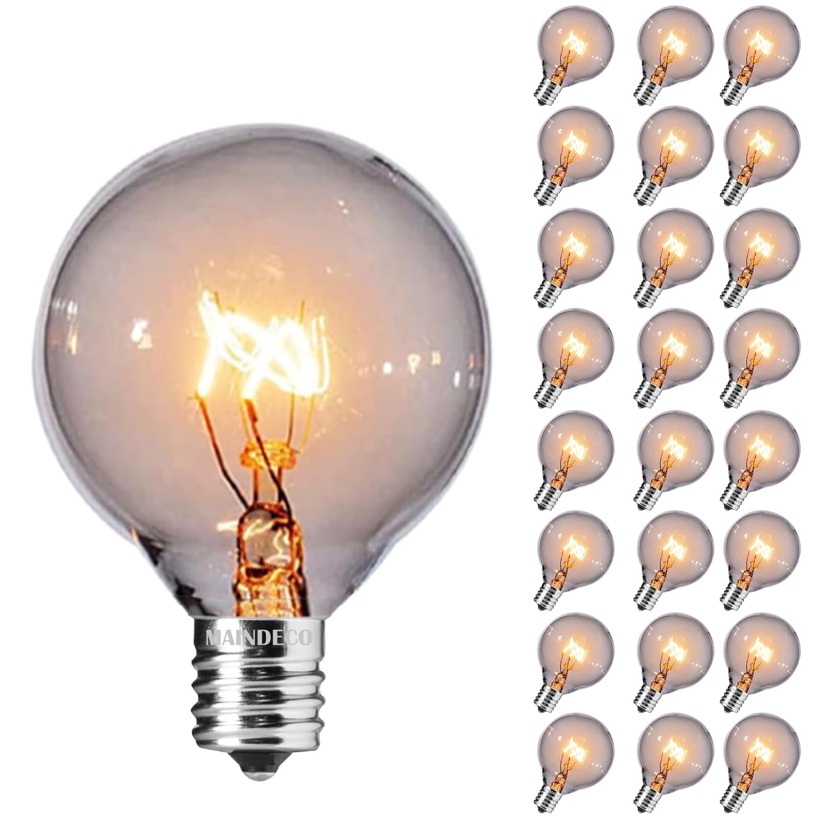 Maindeco 25 Pack G40 Replacement Bulbs,120V 5W Incandescent,E12 Base,For Indoor Outdoor String Lights-Clear