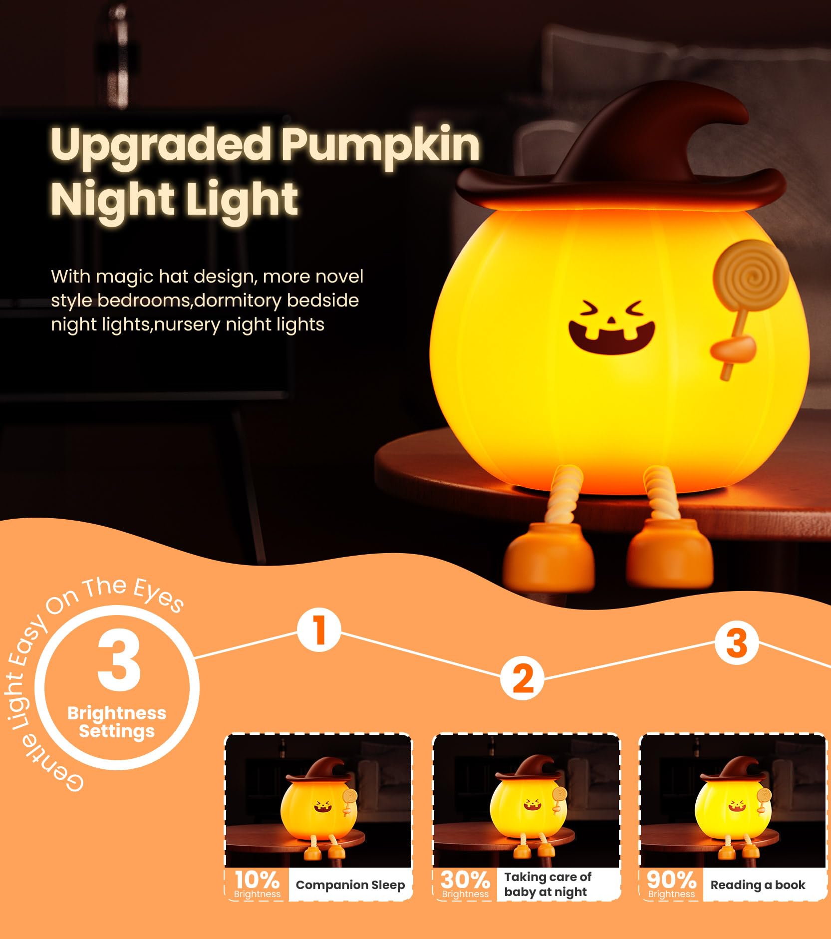 Upgraded Pumpkin Magic Night Light, Timer Function + 3-Level Brightness Adjustment Touch-Controlled Bedside Lamp, Usb-Charged So