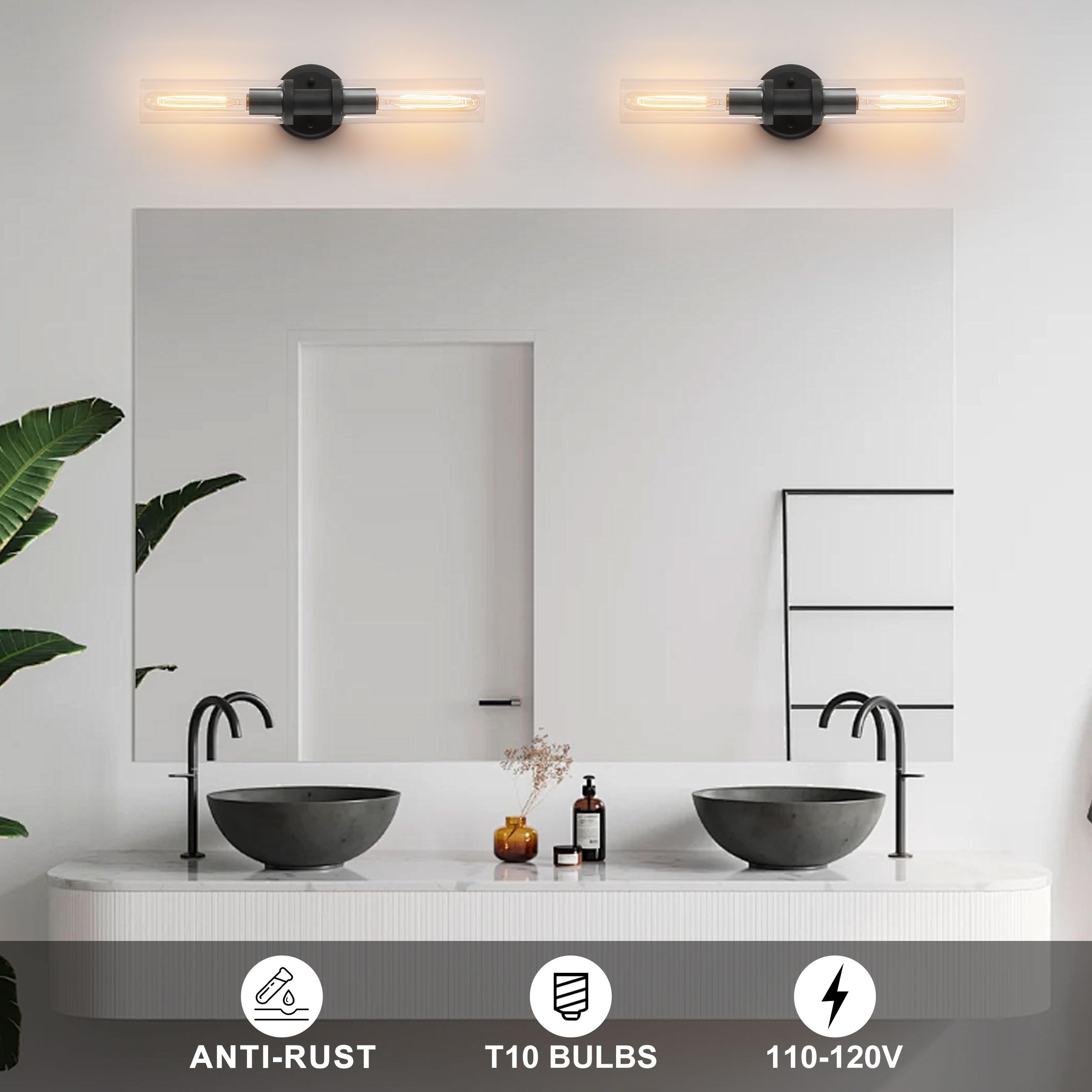 KUZZULL Wall Sconces Set of Two, Matte Black, Iron with Clear Glass for Bathroom, Living Room, Hallway, Bedroom