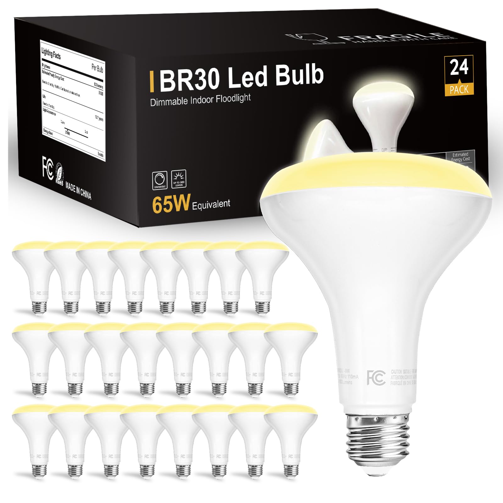 Dalattin 24 Pack Br30 Led Bulbs 65W Equivalent, Dimmable Indoor Flood Lights 2700K Soft White, 9W, 800 Lumens, E26 Base, Led Rec