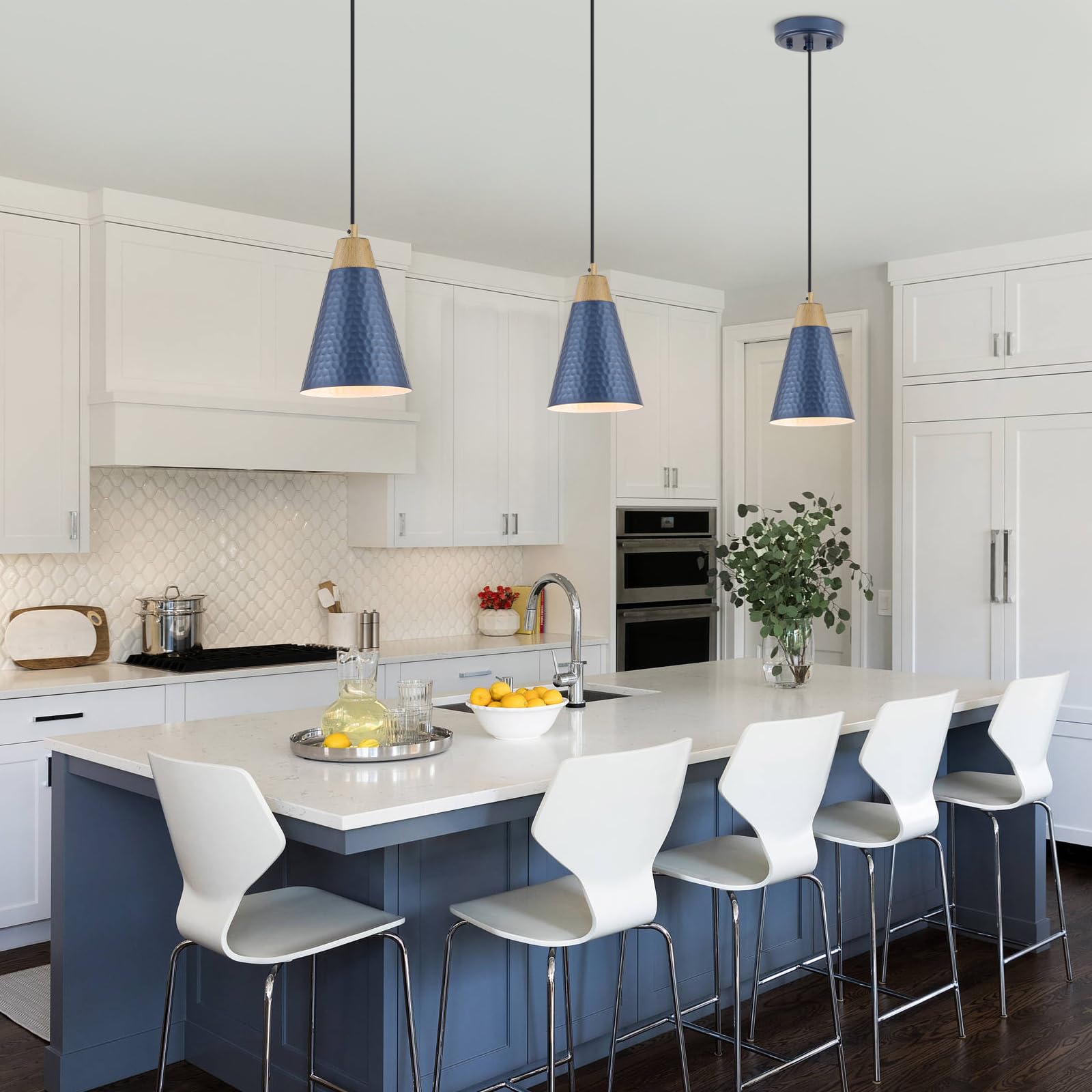 Dijiahua Blue Kitchen Pendant Lighting Over Island 3 Pack Small Modern Farmhouse Chandeliers Navy Hammered Metal Shade Mini Vintage Adjustable Cord Hanging Ceiling Lamp Fixtures Over Sink
