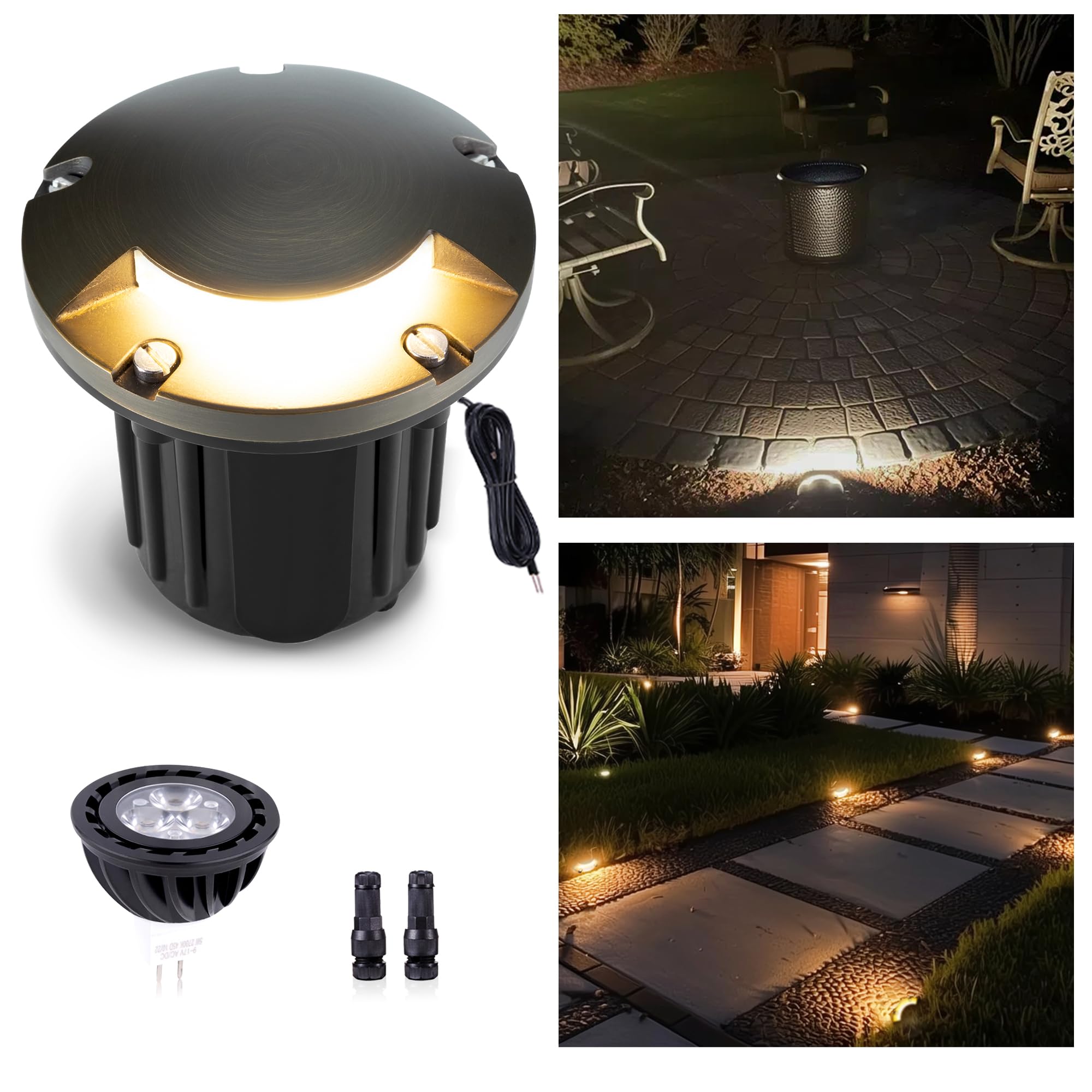 Gardenreet In Ground Well Light - Brass 12V Ip65 Waterproof Outdoor Landscape Lighting, Low Voltage LED In-Grade Turret Top Ligh