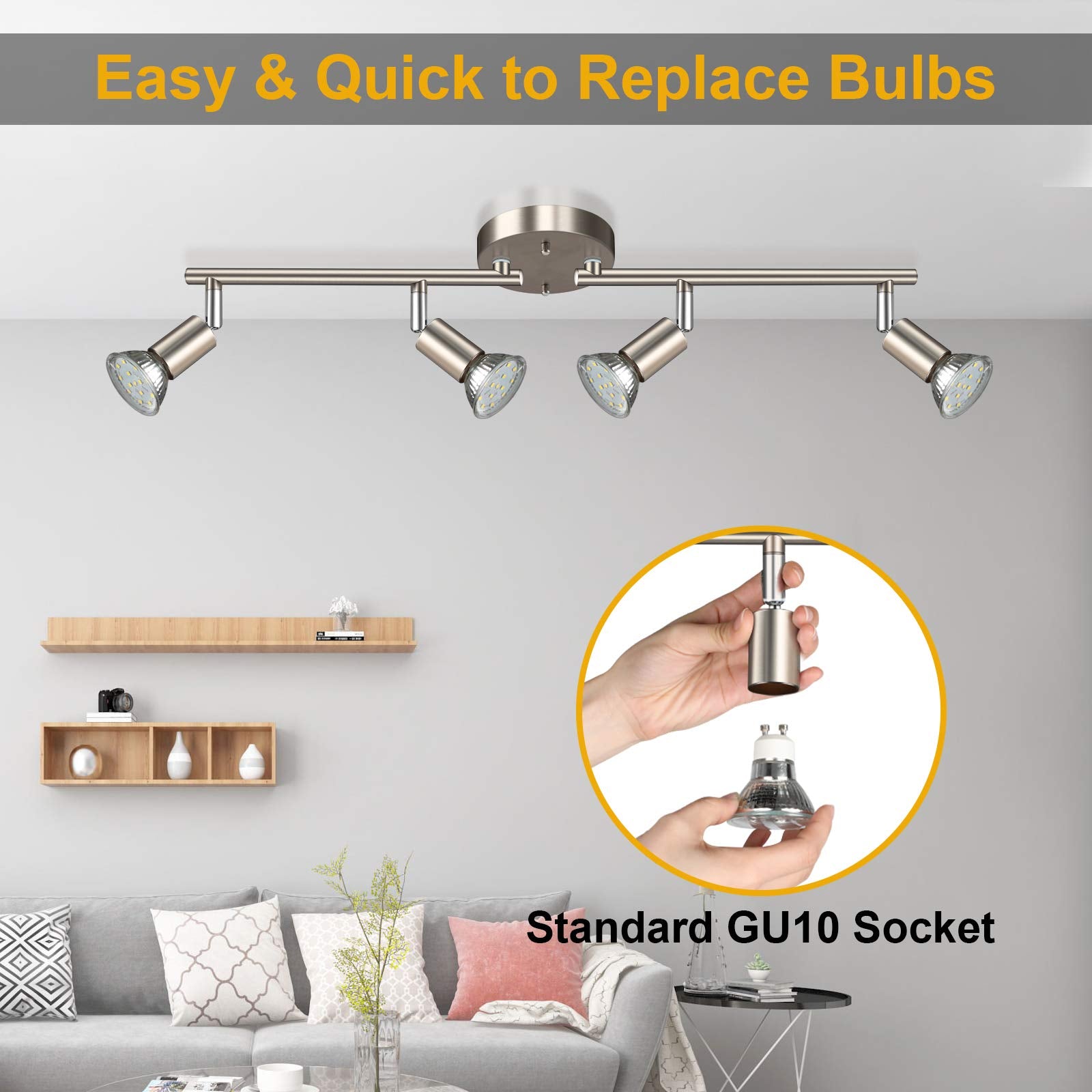 Ascher 4-Light Led Track Lighting Kit, Flexibly Rotatable Light Heads, 4 Way Ceiling Spotlight Matt Nickel Finish, Including 4 G