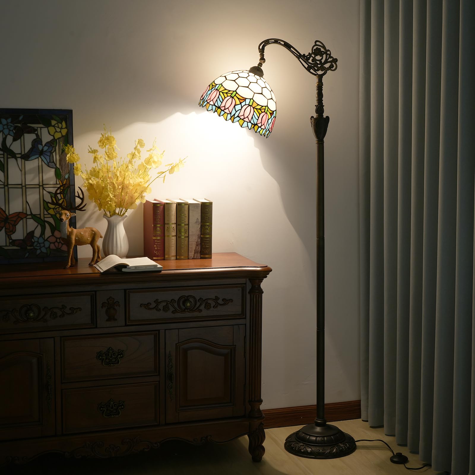 Blivuself Tiffany Floor Lamp - Pink Tulip Stained Glass, 63" Gooseneck Design, Handcrafted for Home Decoration and Reading