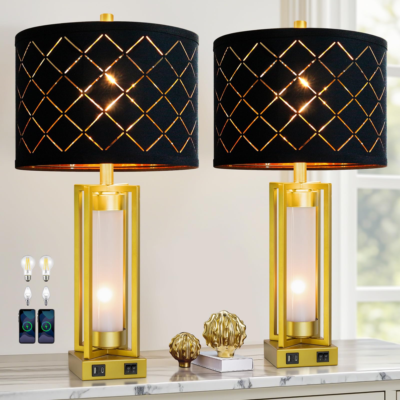 Roriano Set Of 2 Modern Table Lamps For Living Room Bedroom With Usb C+A, Rustic Nightstand Lamps With White Night Light, Black 