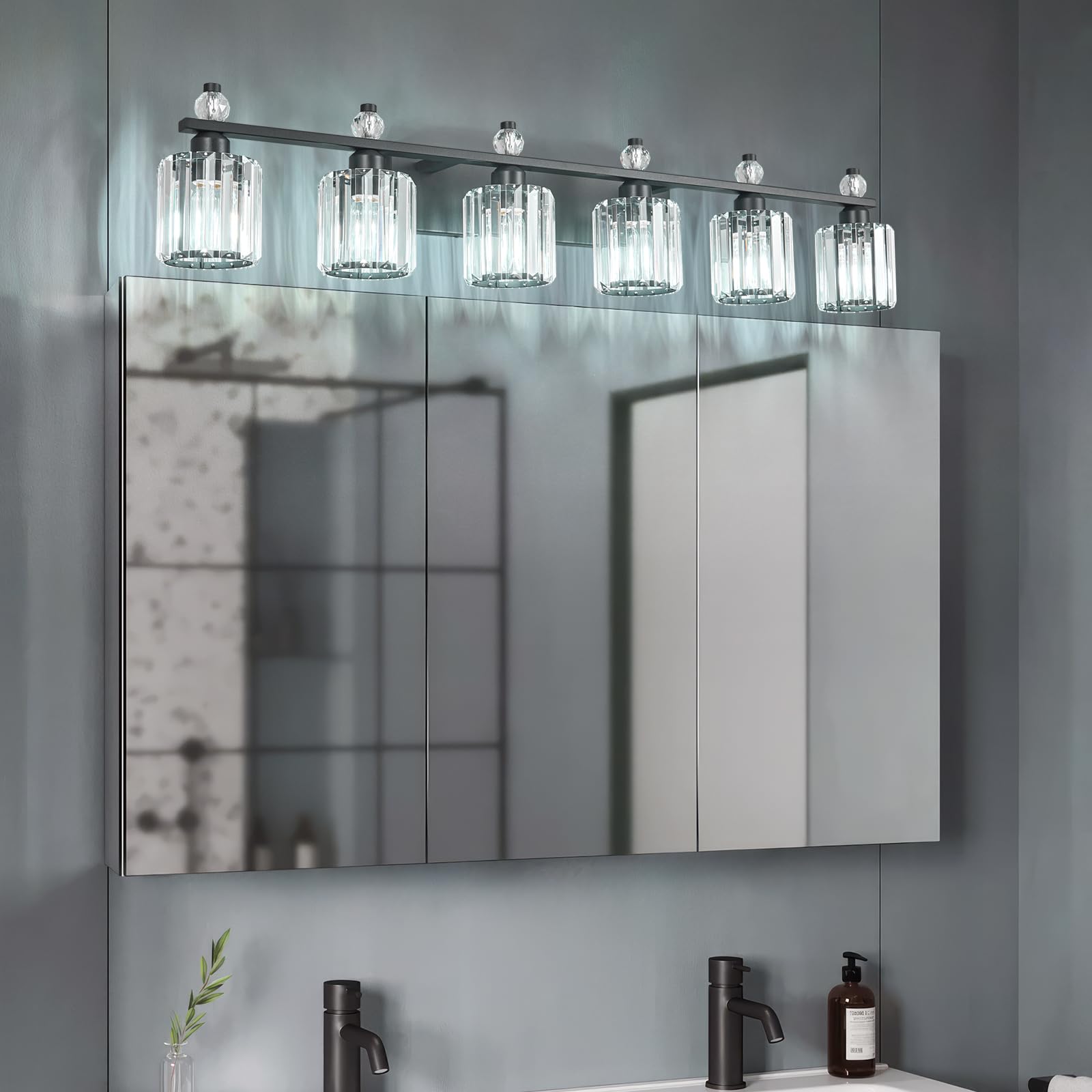 FDPBY 6-Light Bathroom Vanity Lights Modern Crystal Fixtures Over Mirror Sand Black Metal 291