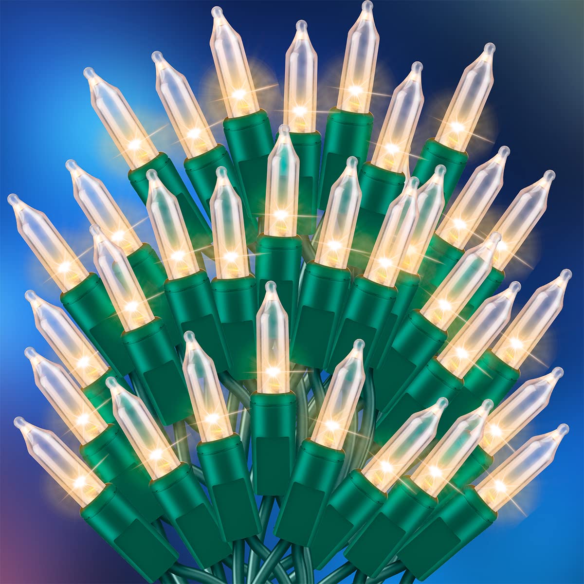 TWINGLEHOME Ultra-Bright Connects End to End Warm White Christmas Mini Light 300L 63.8Ft(2Sets-Each 150L)UL Listed Incandescent 