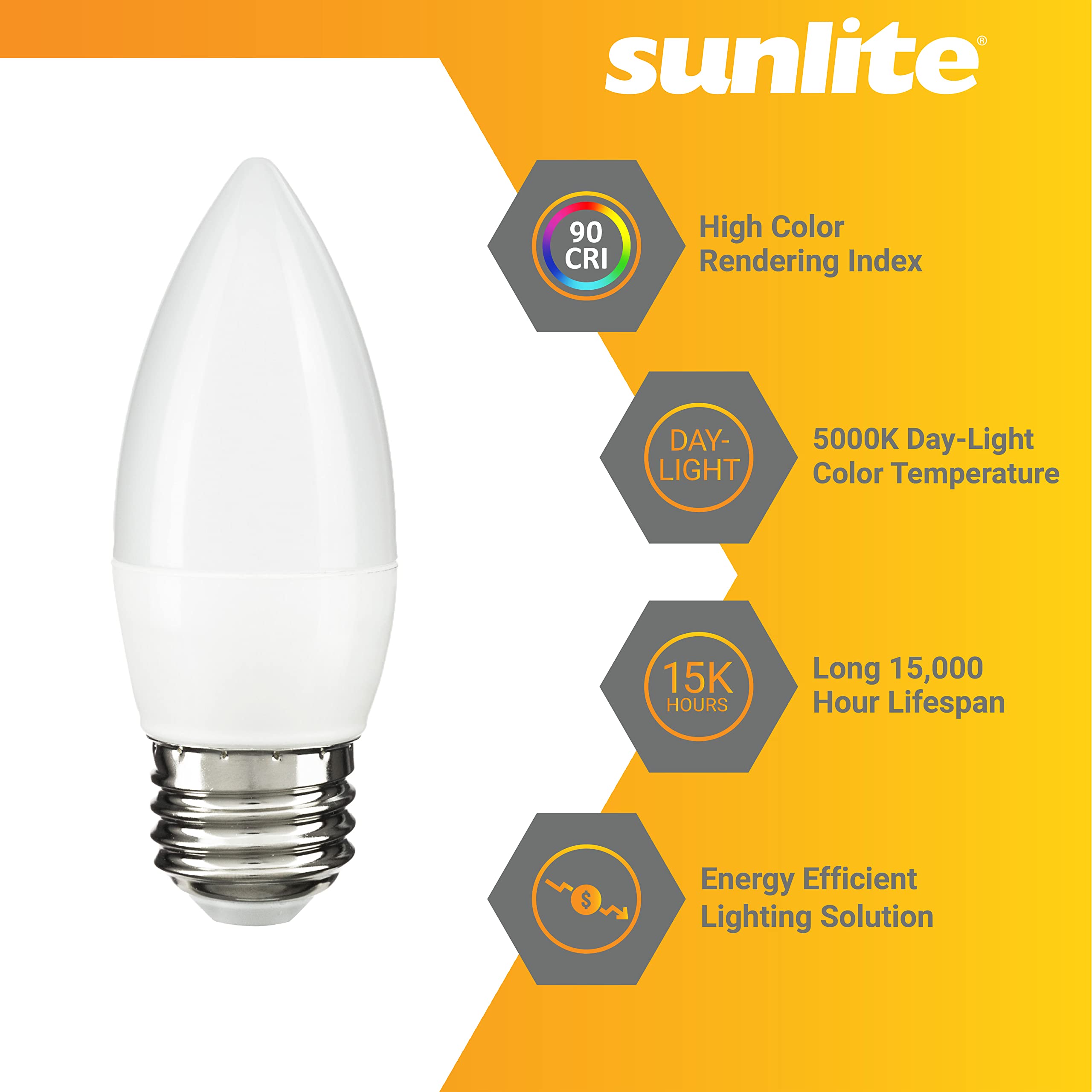 Sunlite Led B13 Torpedo Decorative Chandelier Light Bulb, 7 Watts (60W=), 500 Lumens, 120 Volts, Dimmable, E26 Base, 90 Cri, Etl