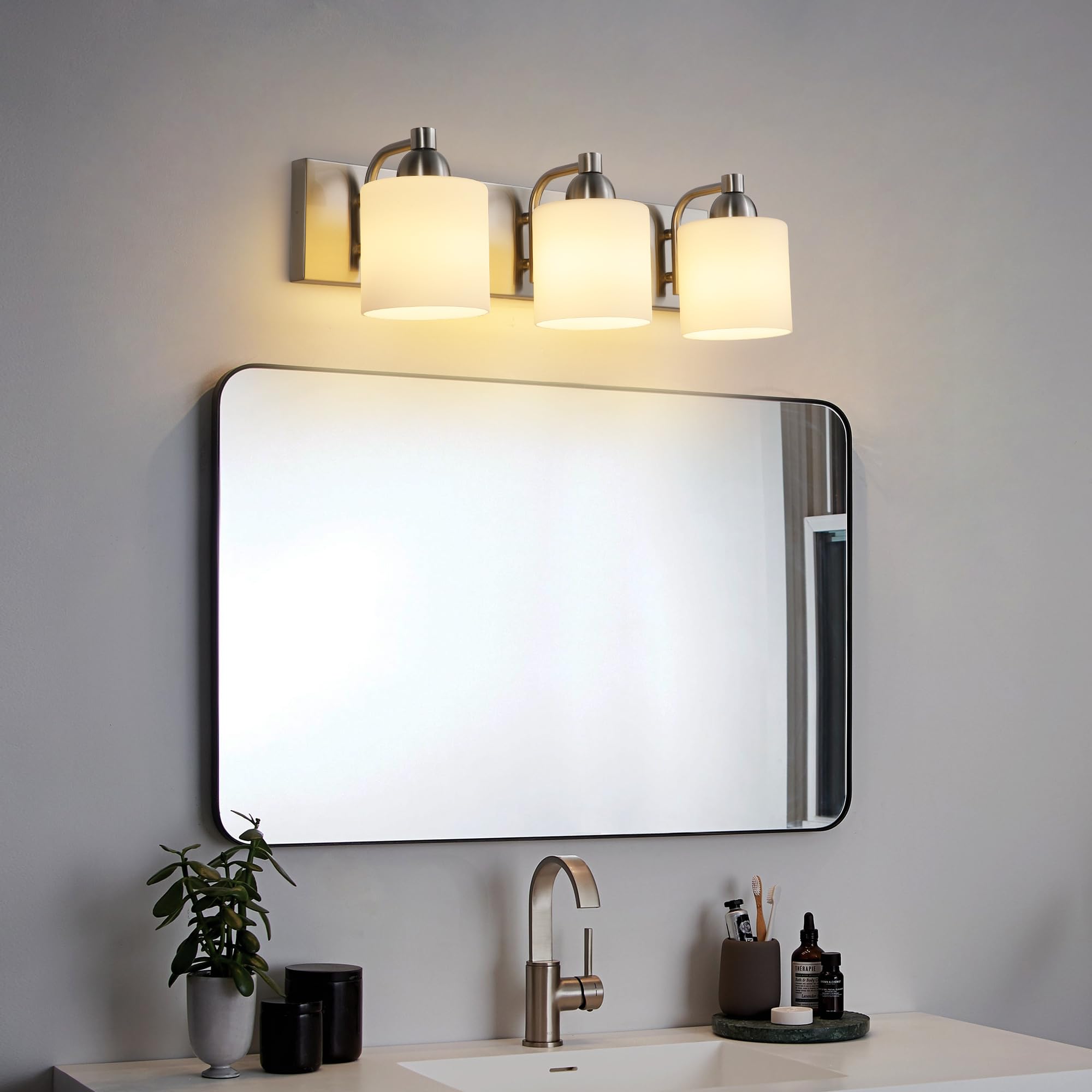 Mecgirn Stainless Steel Milk Glass Bathroom Vanity Light Over Mirror  3 Light Brushed Nickel Bathroom Light Fixtures With Frosted Glass  Modern Vanity Lighting Wall Mount