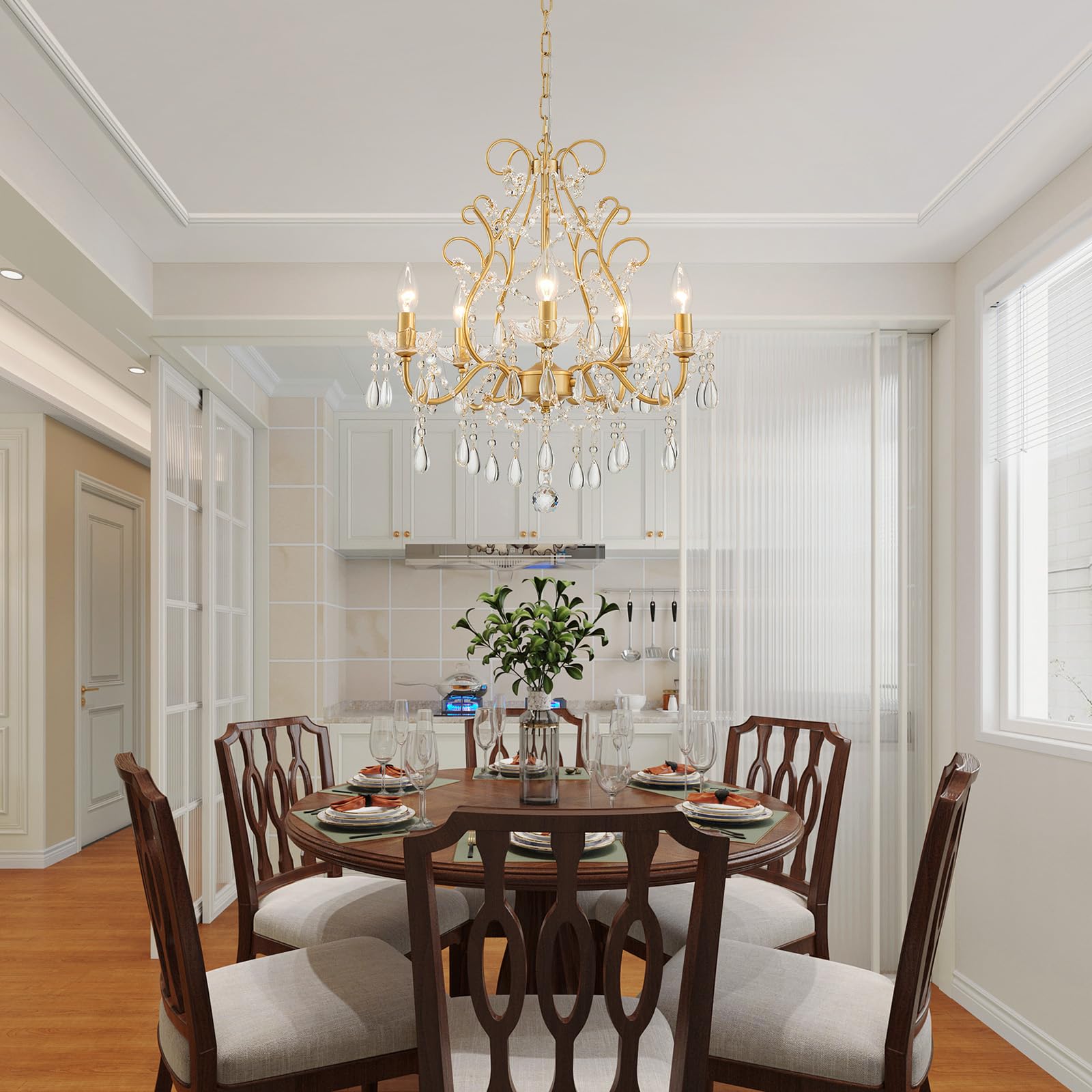 Wuzups 5-Light Crystal Candle Chandelier Pendant Ceiling Light Modern Lighting Fixture For Bedroom Hallway Bar Kitchen Bathroom  H 23.2 W 20.7  E12 Base  Gold