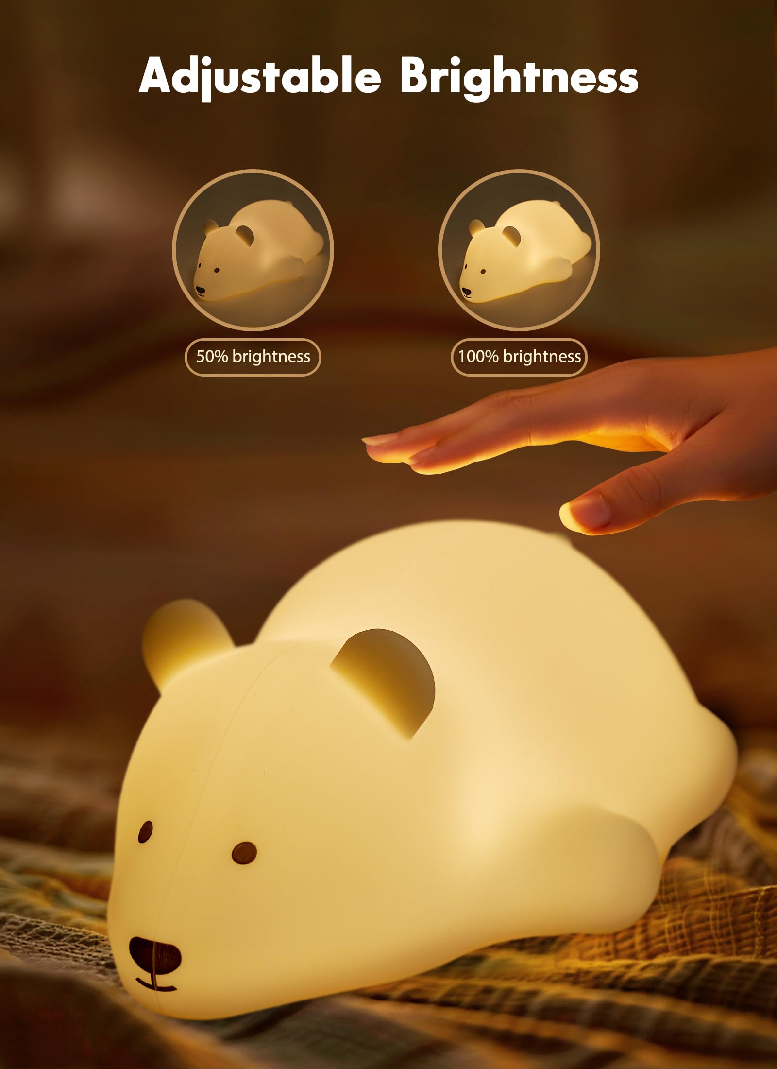 Minetom Kawaii Polar Bear Night Light For Kids, Cute Silicone Night Light With 2 Levels Brightness, 7 Colors Rechargeable Lamp For Bedroom, Girls And Boys, Toddler, Nursery, Baby Gifts, Tap Control