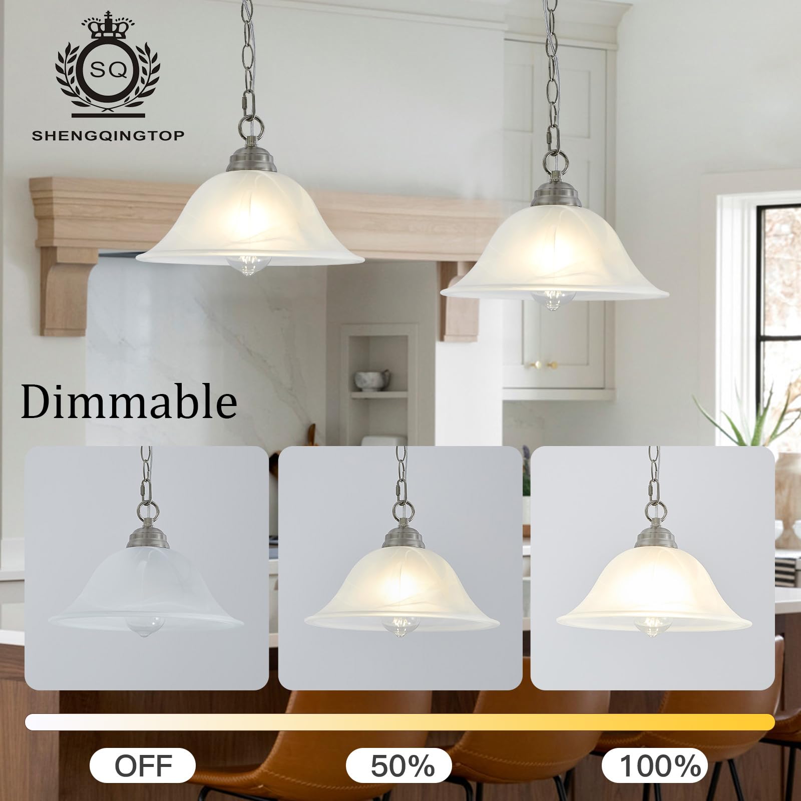 Shengqingtop Alabaster Plug-In Pendant Light, Dimmable Brushed Nickel Hanging Lamp For Kitchen & Bar