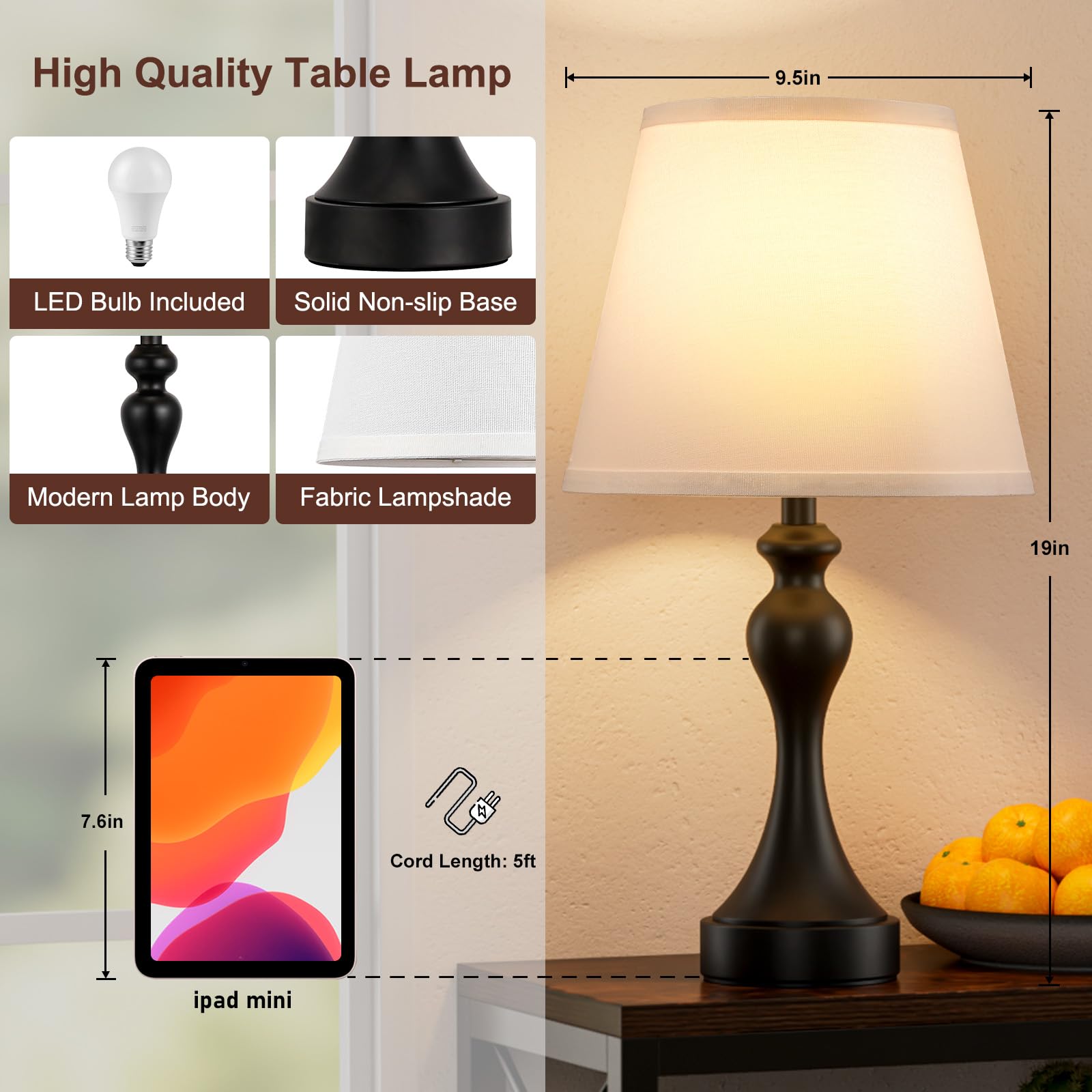 Seealle Touch Lamps Set of 2 - 3 Way Dimmable, USB C+A, F. White Shade & Black Base, Model 07025 for Nightstand & Bedroom