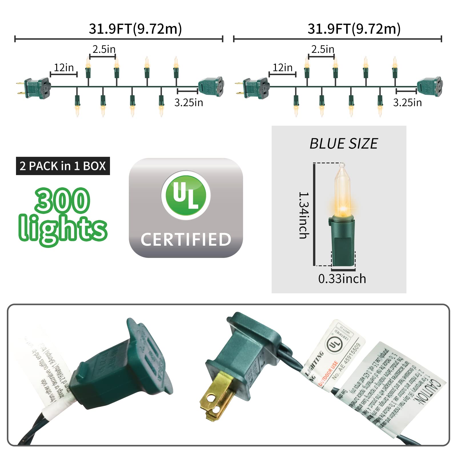 GLOWNOVA 300 Mini Clear Incandescent String Lights - Green Wire, Plastic, Indoor Christmas Party Decoration, Model HP-150-3/SB