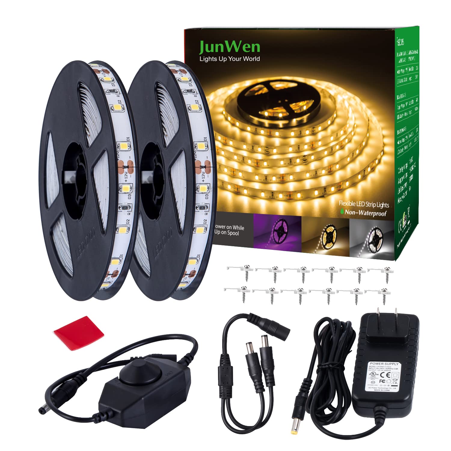 Junwen 40Ft Warm Led Strip Lights, Flexible Smd2835 Led Ribbon Lights 12V Dimmable Strip Lighting Plug In Indoor Led Tape Light Cuttable Led Strip Lights For Bedroom Christmas Kitchen Cabinet Mirror