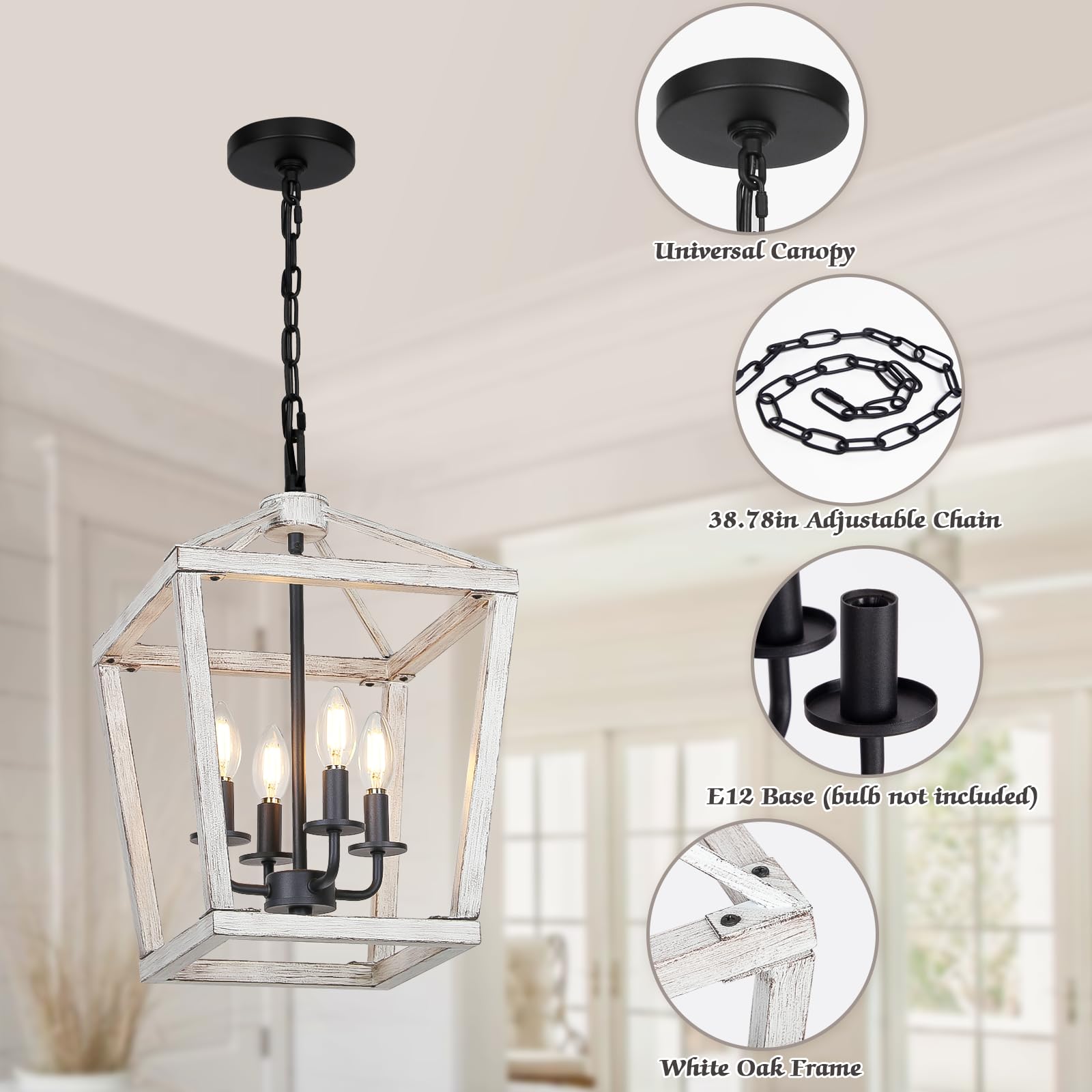 4 Light Rustic Chandelier, Farmhouse Lantern Fixture With Brushed White Oak Cage And Adjustable Chain, E12 Base Geometric Hangin